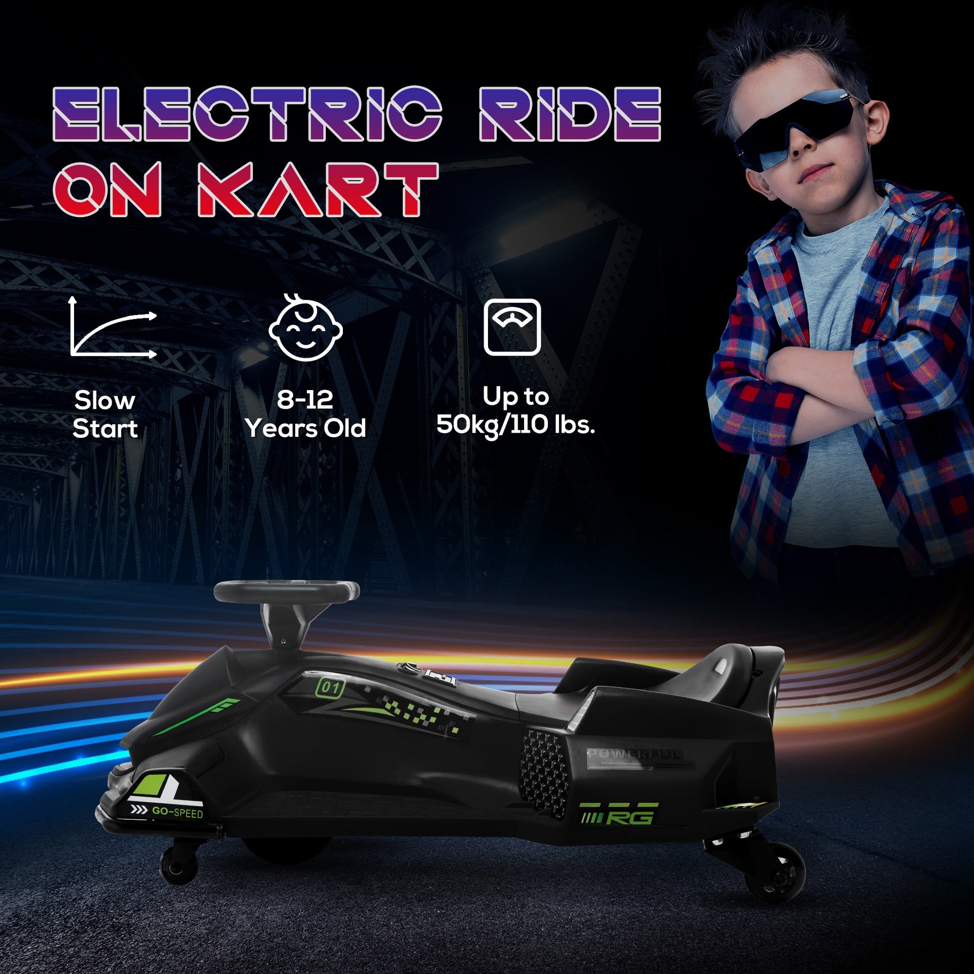 Aosom 12V Electric Drifting Go Kart w/ Slow Start, Music, Lights, Black