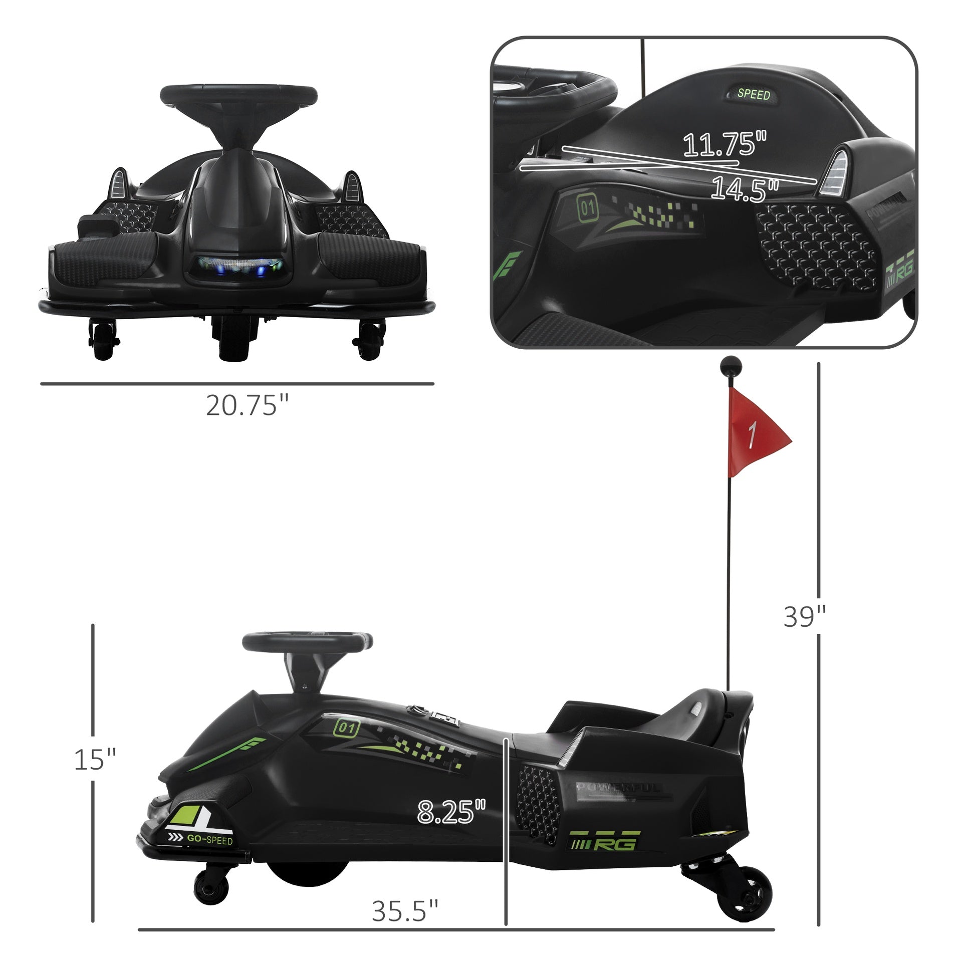 Aosom 12V Electric Drifting Go Kart w/ Slow Start, Music, Lights, Black