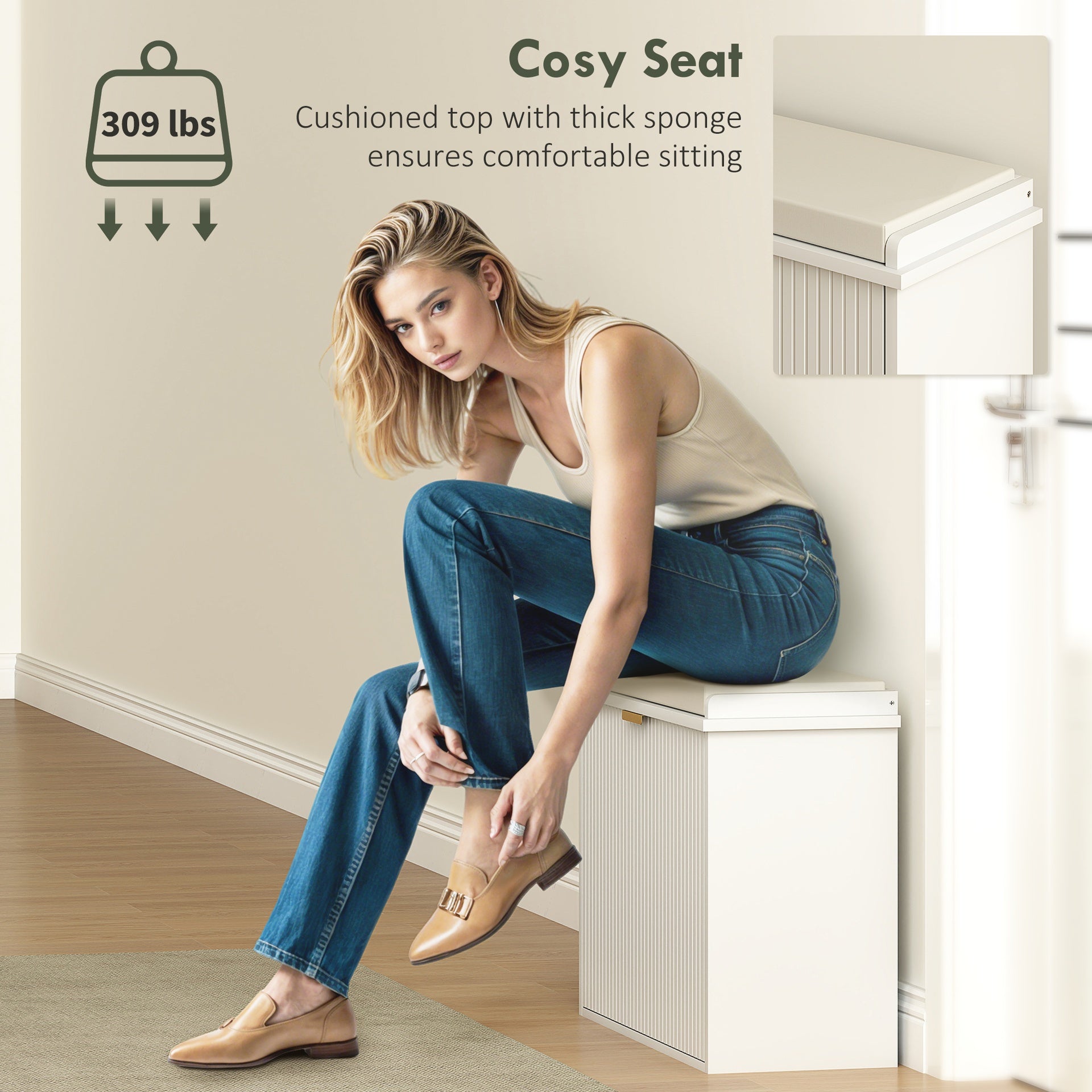 HOMCOM Shoe Storage Bench with Padded Seat Cushion and Flip-Drawer, Entryway Bench, Shoe Cabinet, 24.4x10.2x18.7 Inches, White