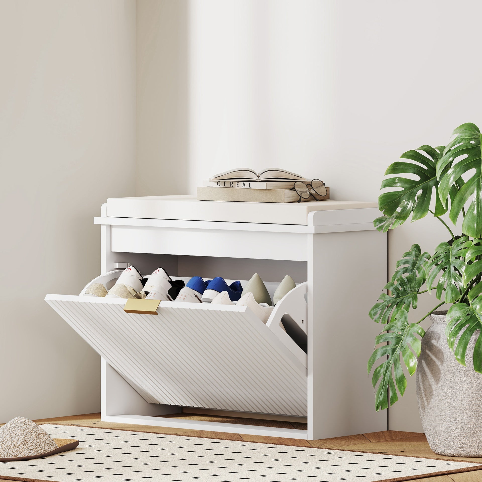 HOMCOM Shoe Storage Bench with Padded Seat Cushion and Flip-Drawer, Entryway Bench, Shoe Cabinet, 24.4x10.2x18.7 Inches, White