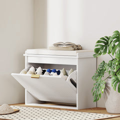 HOMCOM Shoe Storage Bench with Padded Seat Cushion and Flip-Drawer, Entryway Bench, Shoe Cabinet, 24.4x10.2x18.7 Inches, White