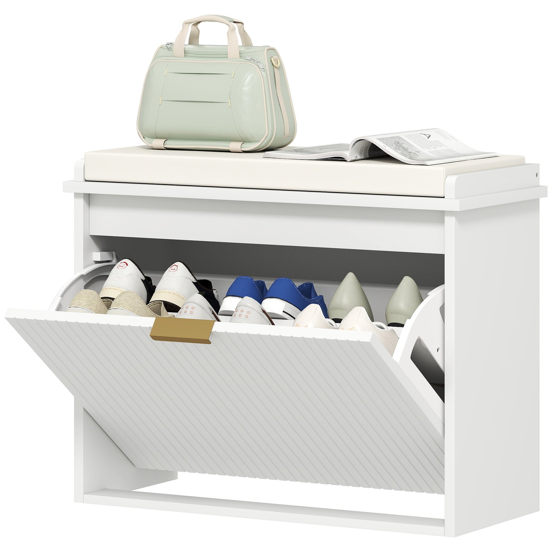 HOMCOM Shoe Storage Bench with Padded Seat Cushion and Flip-Drawer, Entryway Bench, Shoe Cabinet, 24.4x10.2x18.7 Inches, White