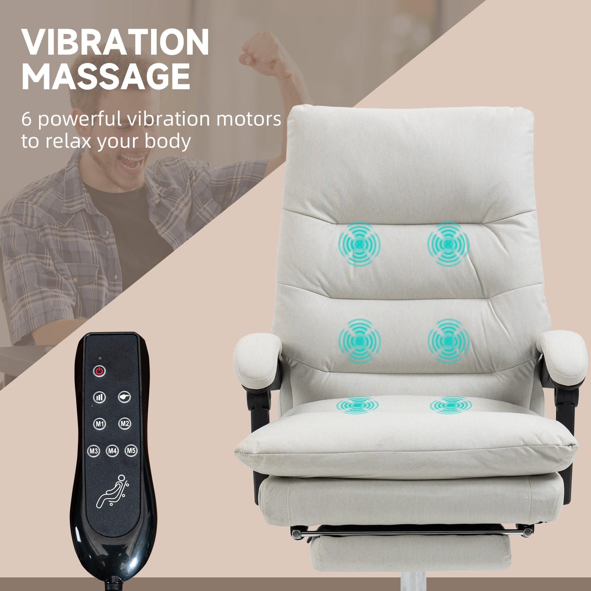 Vinsetto Microfibre Executive Massage Office Chair, Computer Desk Chair, Reclining Chair with Footrest, Double-tier Padding, Swivel Wheels, Cream White