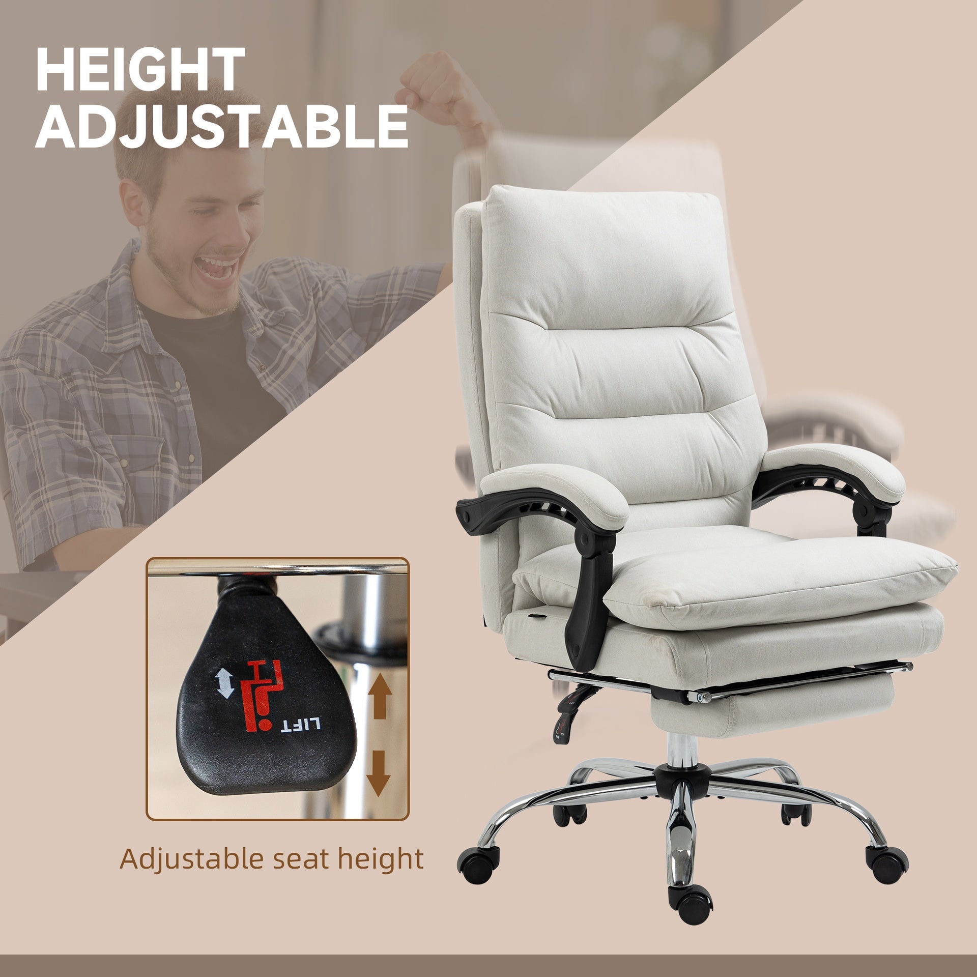 Vinsetto Microfibre Executive Massage Office Chair, Computer Desk Chair, Reclining Chair with Footrest, Double-tier Padding, Swivel Wheels, Cream White