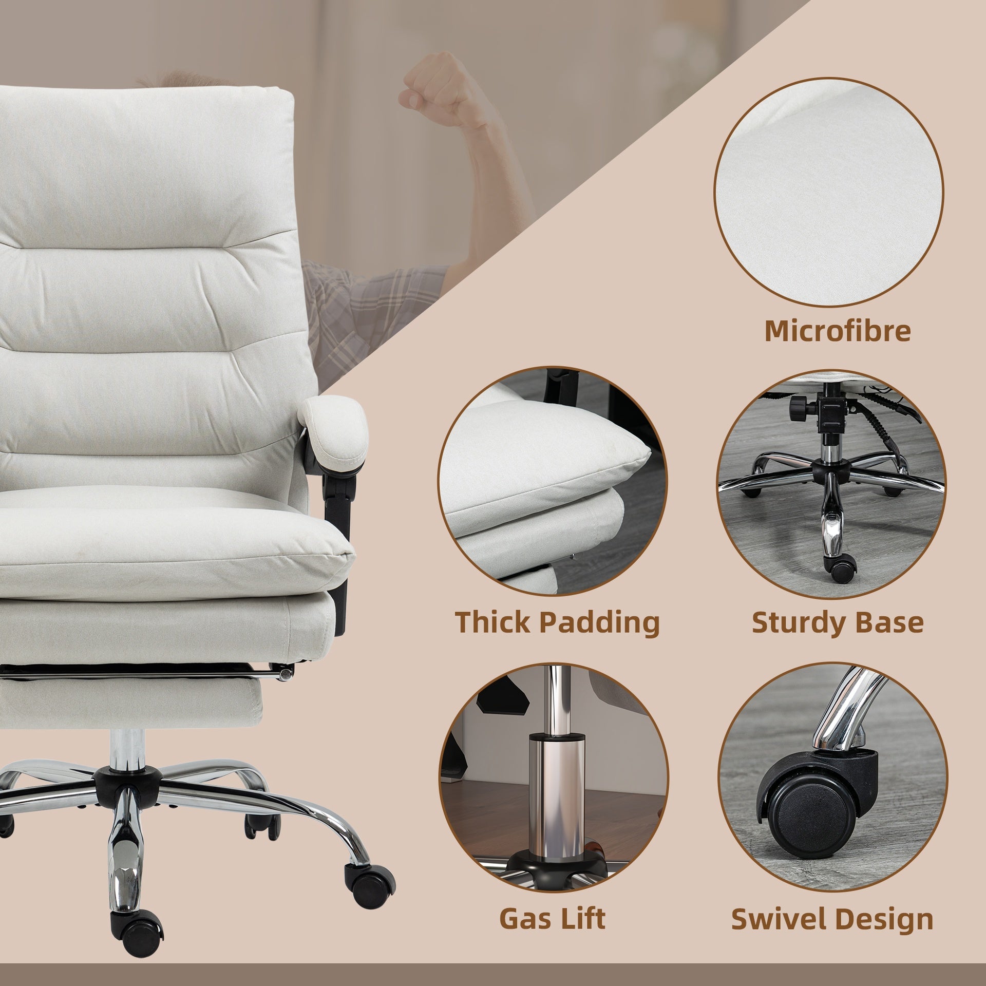 Vinsetto Microfibre Executive Massage Office Chair, Computer Desk Chair, Reclining Chair with Footrest, Double-tier Padding, Swivel Wheels, Cream White