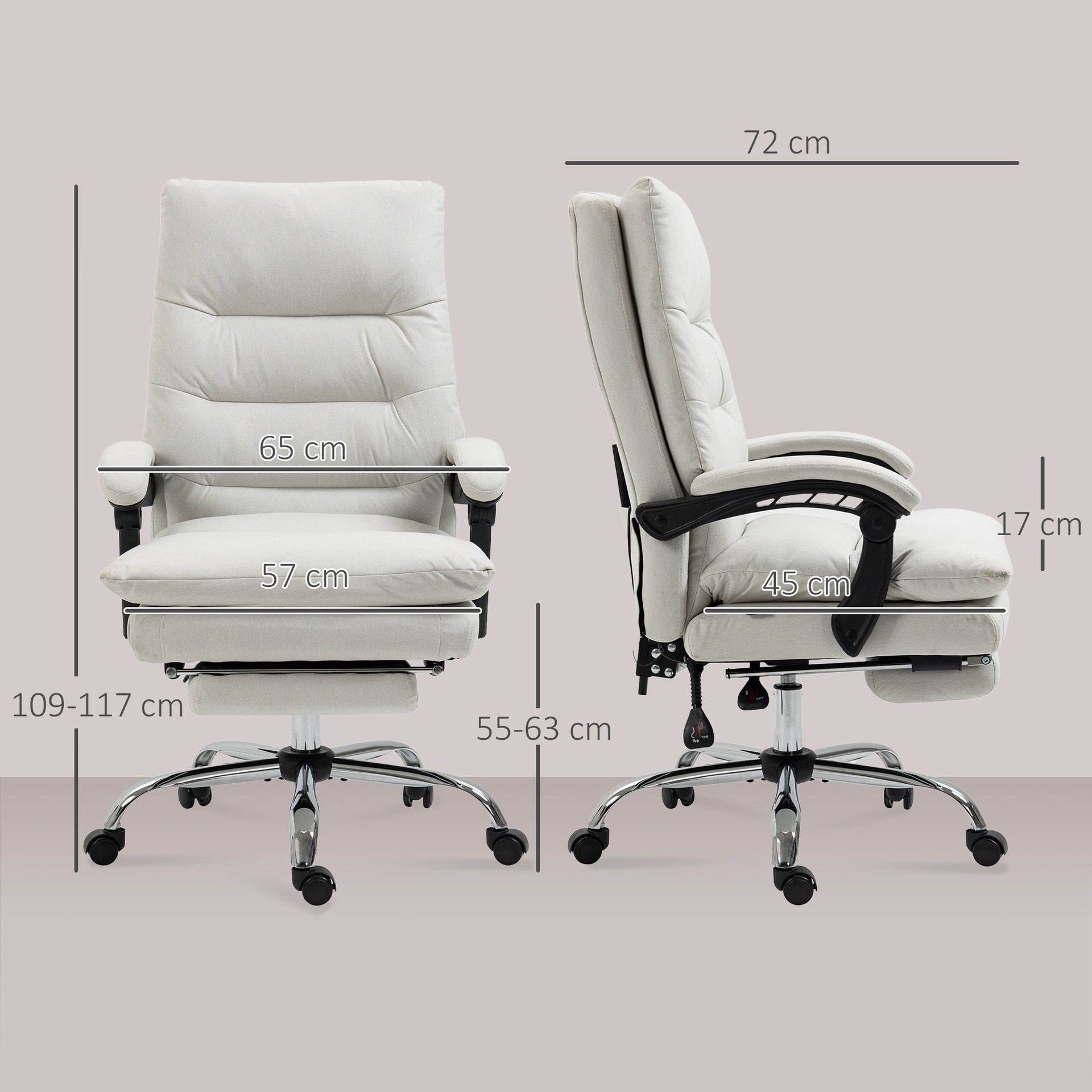 Vinsetto Microfibre Executive Massage Office Chair, Computer Desk Chair, Reclining Chair with Footrest, Double-tier Padding, Swivel Wheels, Cream White