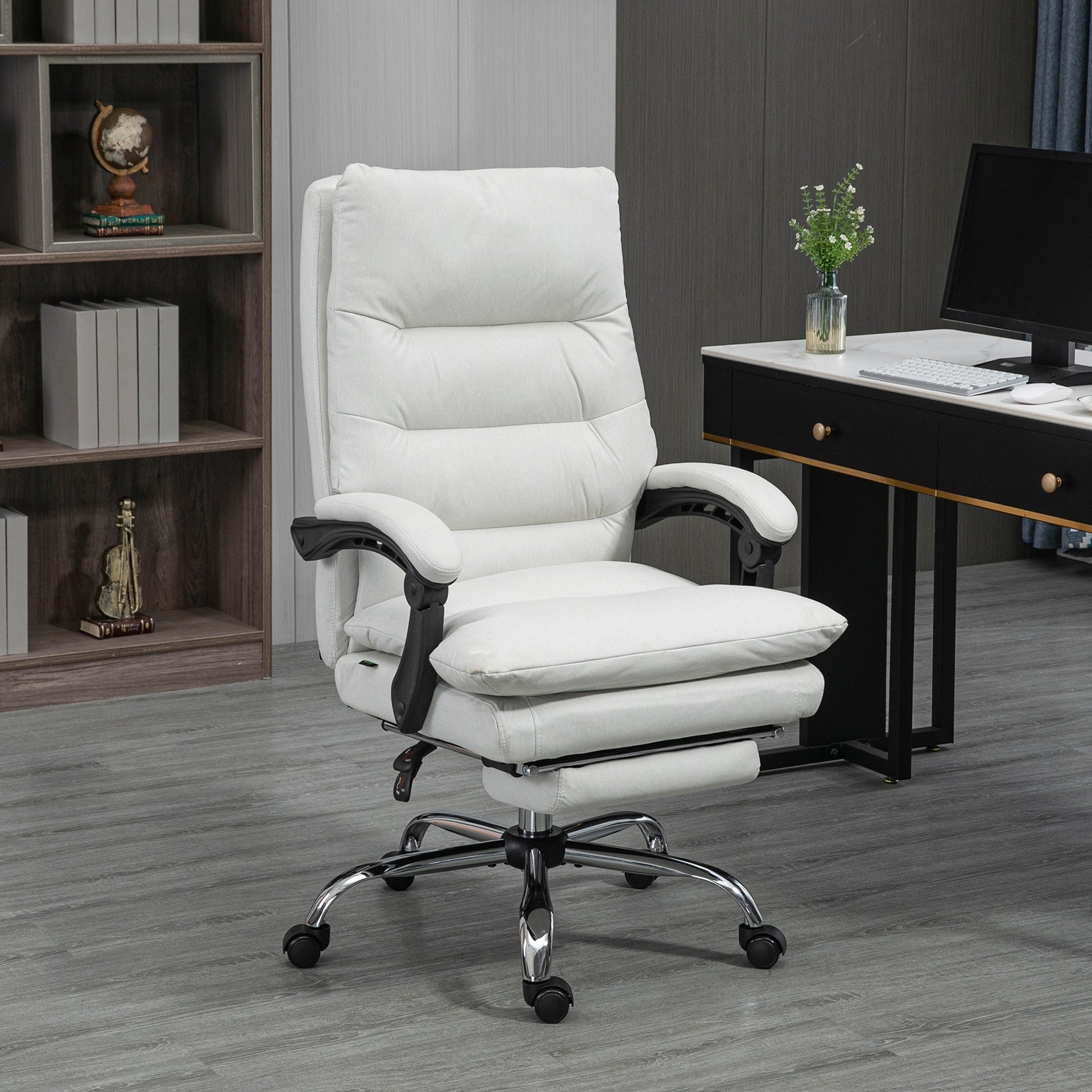 Vinsetto Microfibre Executive Massage Office Chair, Computer Desk Chair, Reclining Chair with Footrest, Double-tier Padding, Swivel Wheels, Cream White