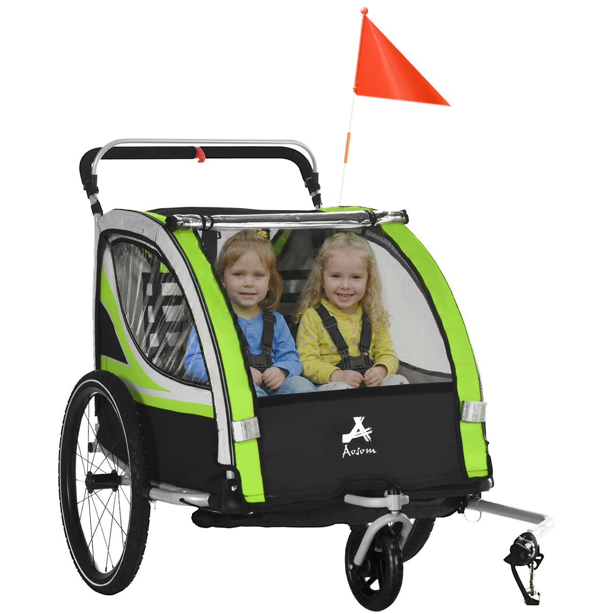Aosom 3-in-1 Bike Trailer for Kids, Running Stroller with 2 Seats, Jogging Cart with 5-Point Harness, Storage Units, Green