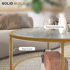 HOMCOM Side Table with Storage, 26" Round End Table, 2-Tier Tempered Glass Coffee Table with Steel Frame for Living Room, Gold