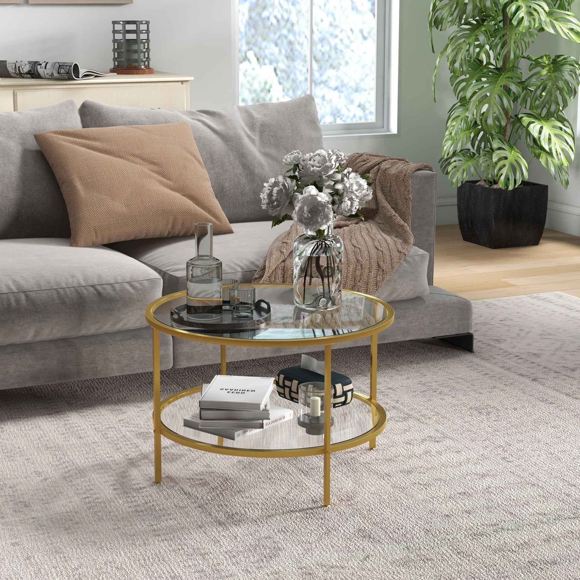 HOMCOM Side Table with Storage, 26" Round End Table, 2-Tier Tempered Glass Coffee Table with Steel Frame for Living Room, Gold