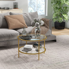 HOMCOM Side Table with Storage, 26" Round End Table, 2-Tier Tempered Glass Coffee Table with Steel Frame for Living Room, Gold
