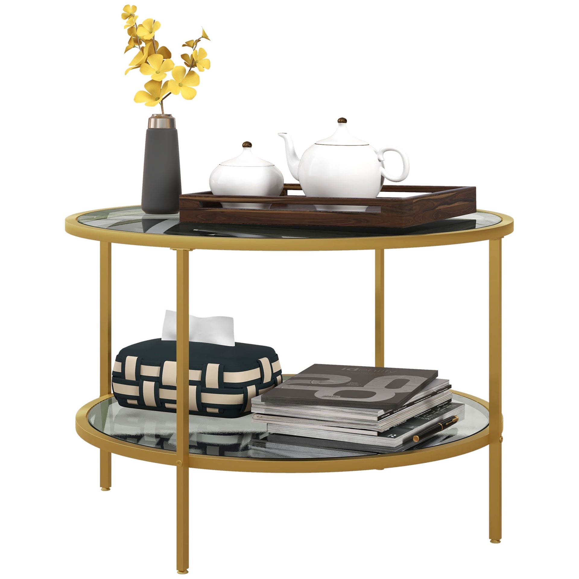 HOMCOM Side Table with Storage, 26" Round End Table, 2-Tier Tempered Glass Coffee Table with Steel Frame for Living Room, Gold