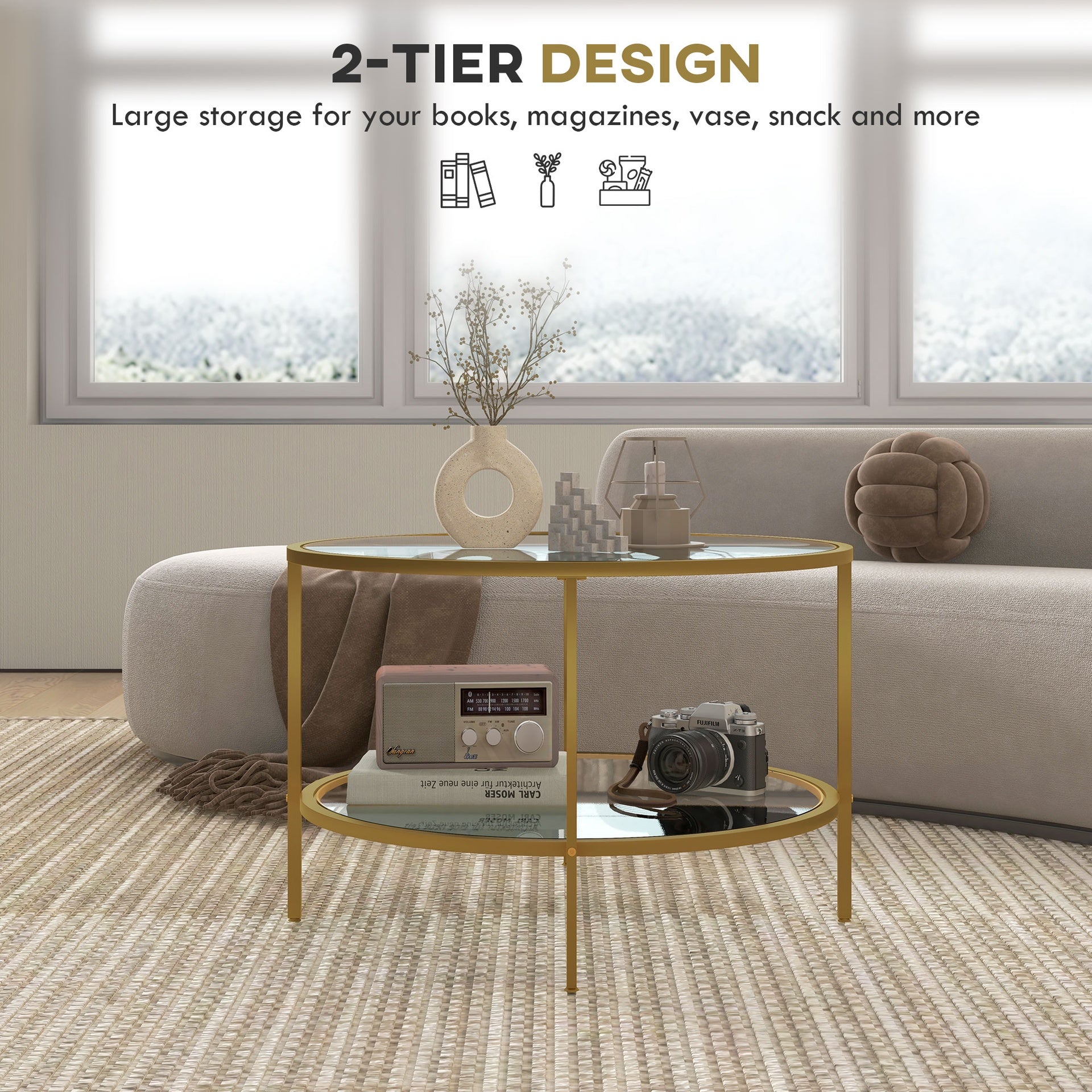 HOMCOM Side Table with Storage, 26" Round End Table, 2-Tier Tempered Glass Coffee Table with Steel Frame for Living Room, Gold