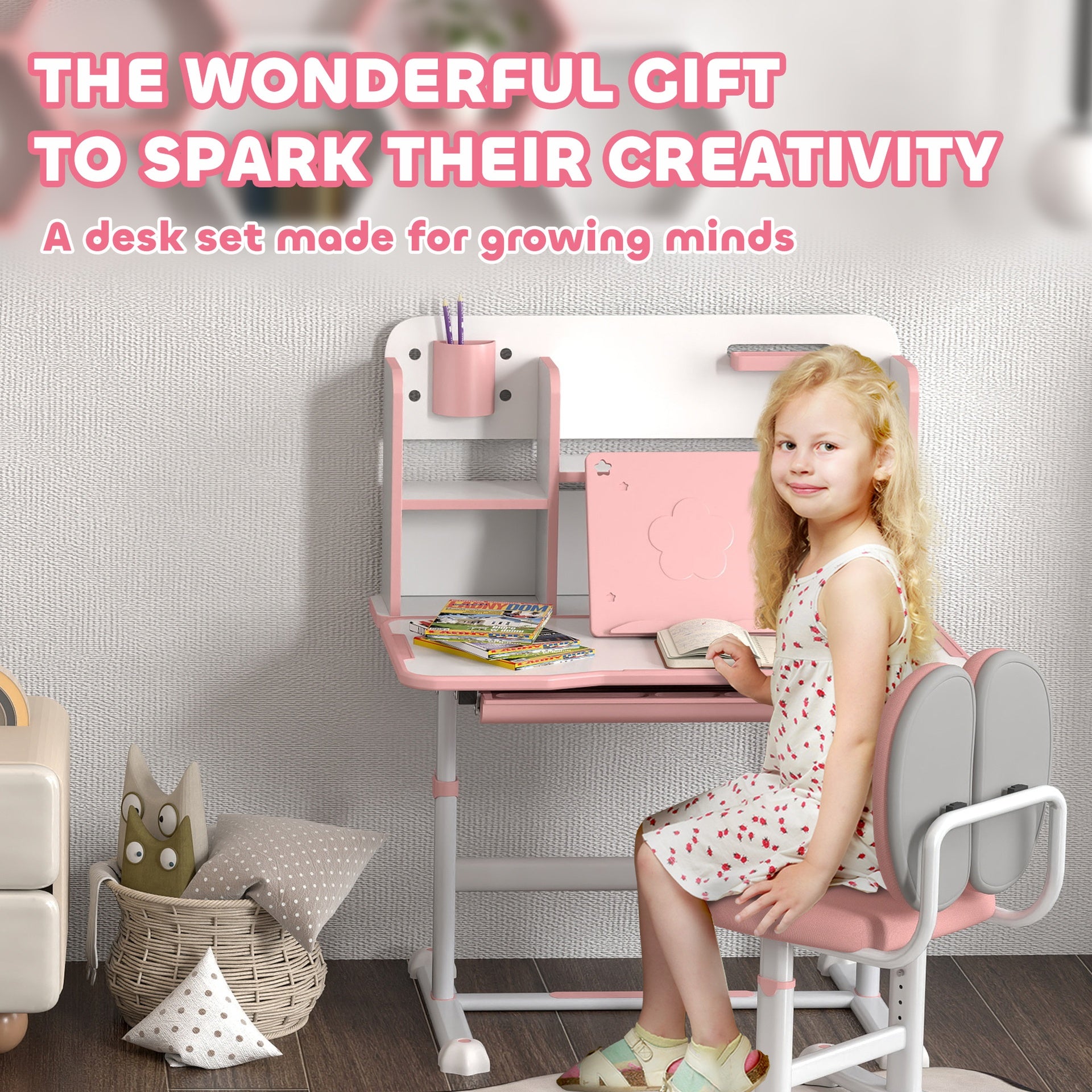Qaba Height Adjustable Kids Desk and Chair Set for Writing Drawing w/ Tilt Desktop, Storage Drawer and Reading Rack, Pink