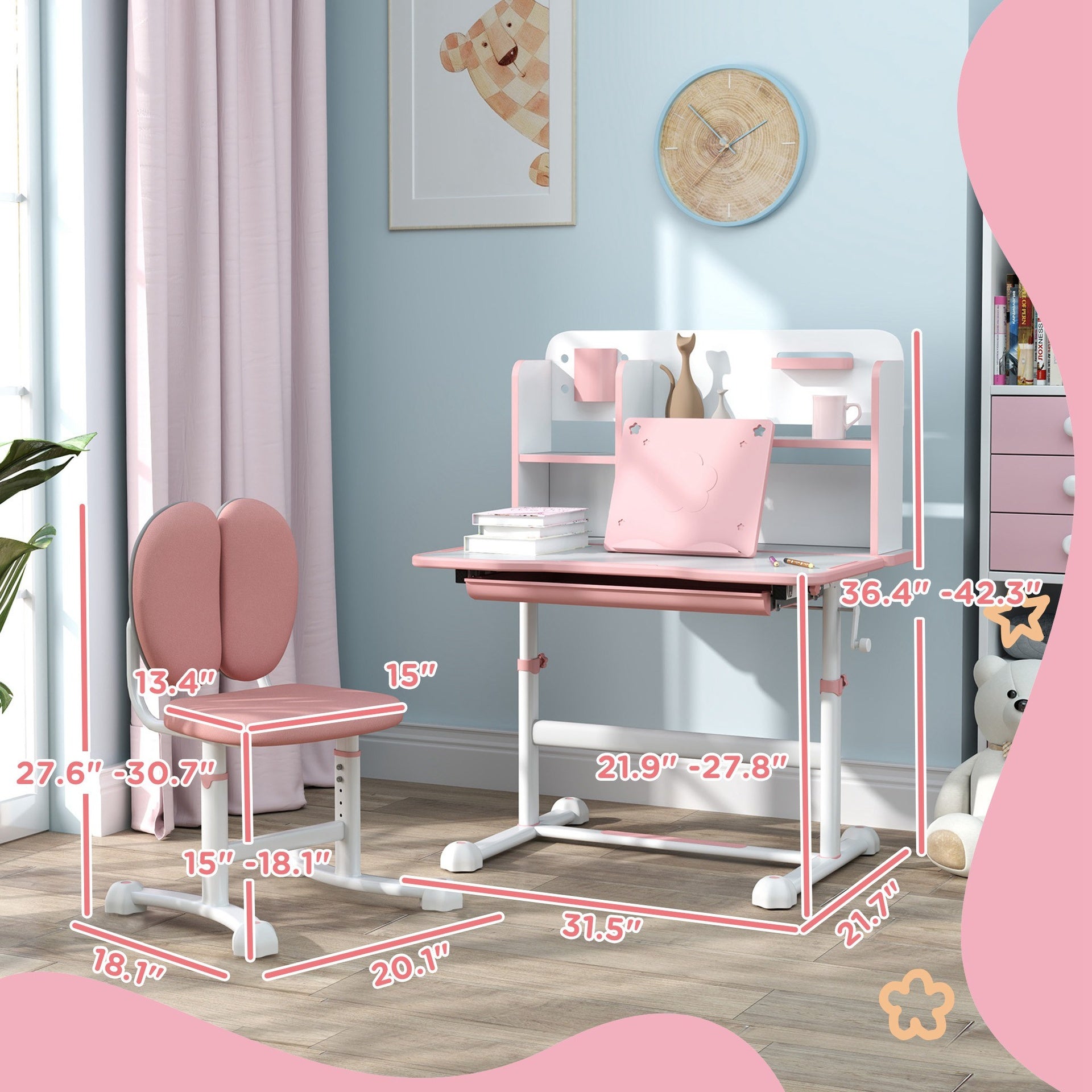 Qaba Height Adjustable Kids Desk and Chair Set for Writing Drawing w/ Tilt Desktop, Storage Drawer and Reading Rack, Pink