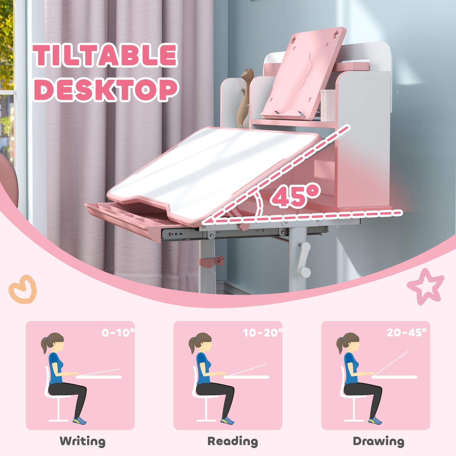 Qaba Height Adjustable Kids Desk and Chair Set for Writing Drawing w/ Tilt Desktop, Storage Drawer and Reading Rack, Pink
