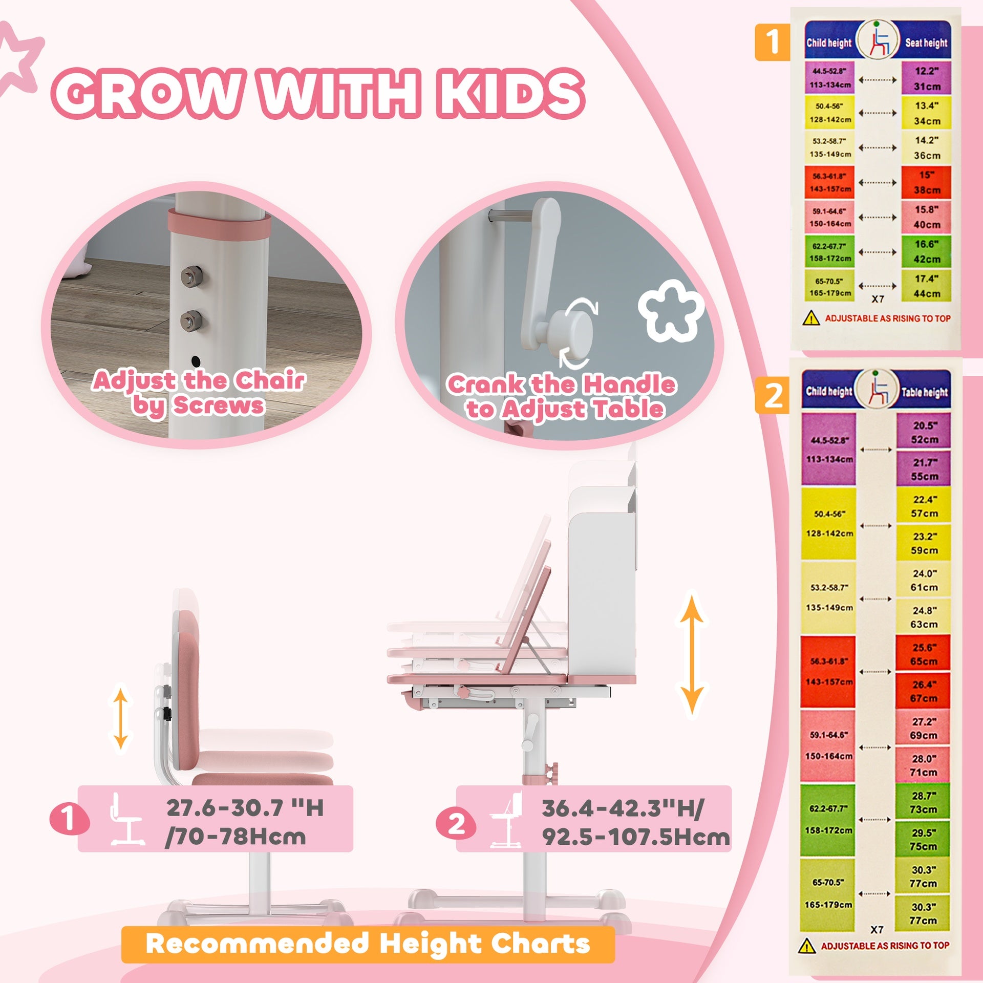 Qaba Height Adjustable Kids Desk and Chair Set for Writing Drawing w/ Tilt Desktop, Storage Drawer and Reading Rack, Pink