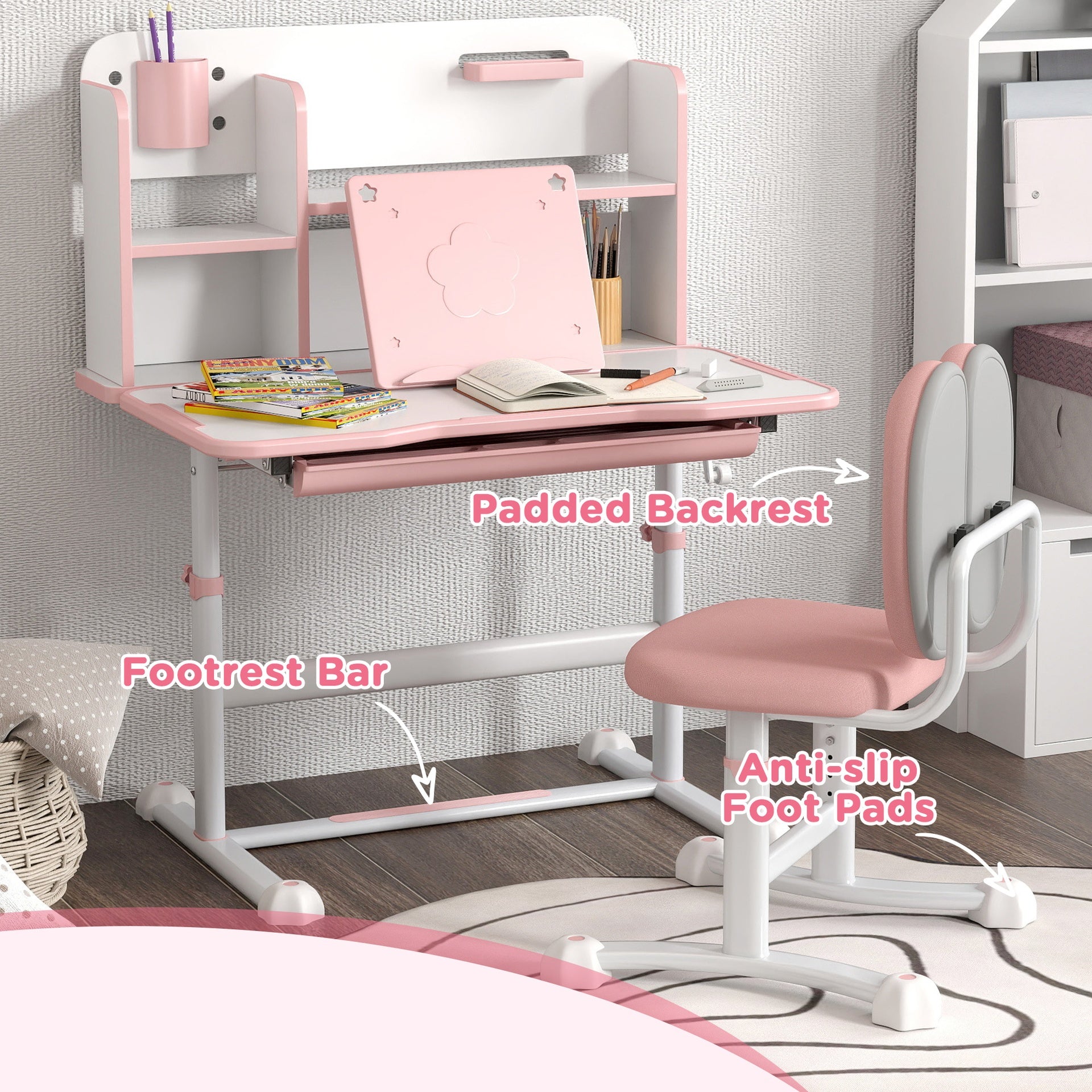 Qaba Height Adjustable Kids Desk and Chair Set for Writing Drawing w/ Tilt Desktop, Storage Drawer and Reading Rack, Pink