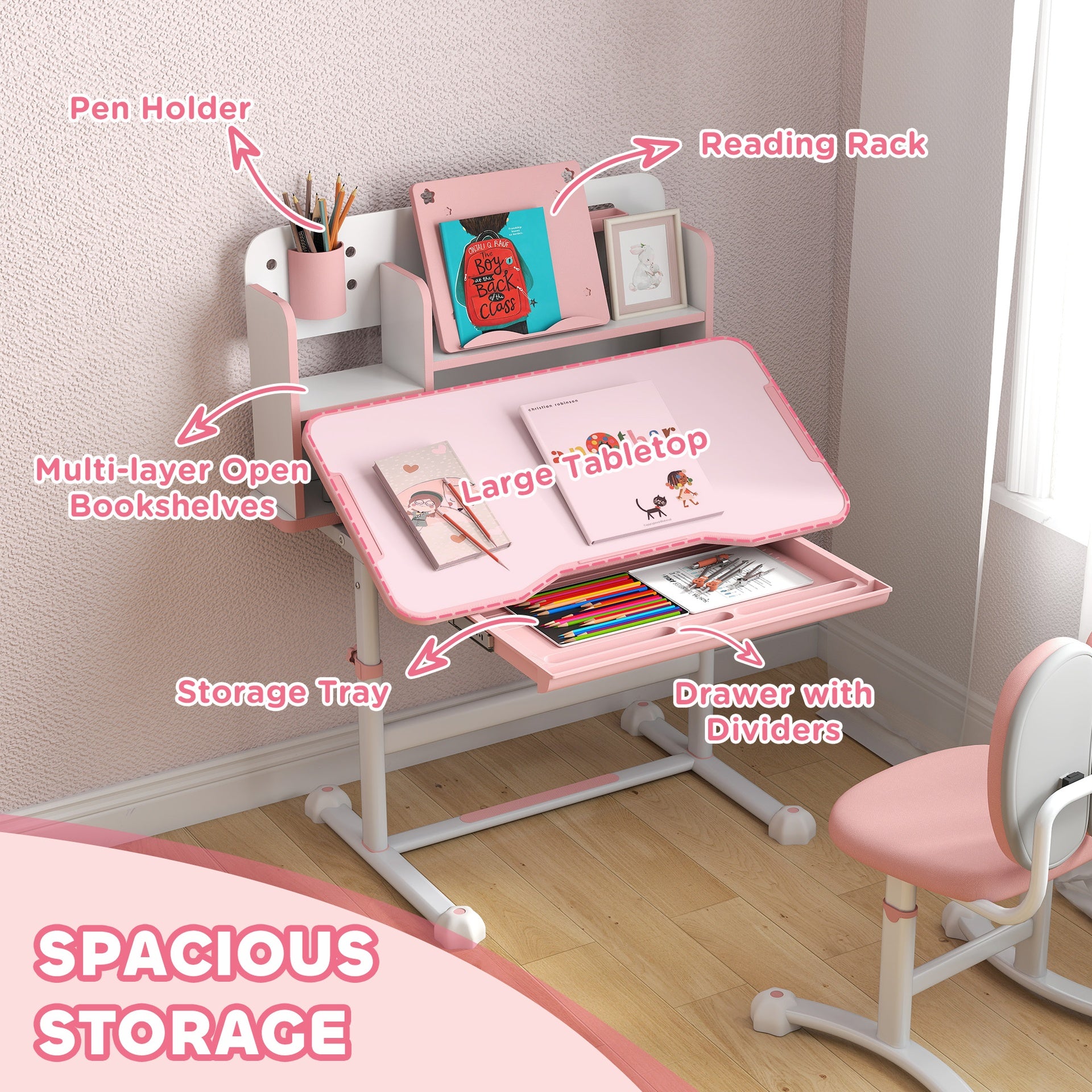 Qaba Height Adjustable Kids Desk and Chair Set for Writing Drawing w/ Tilt Desktop, Storage Drawer and Reading Rack, Pink