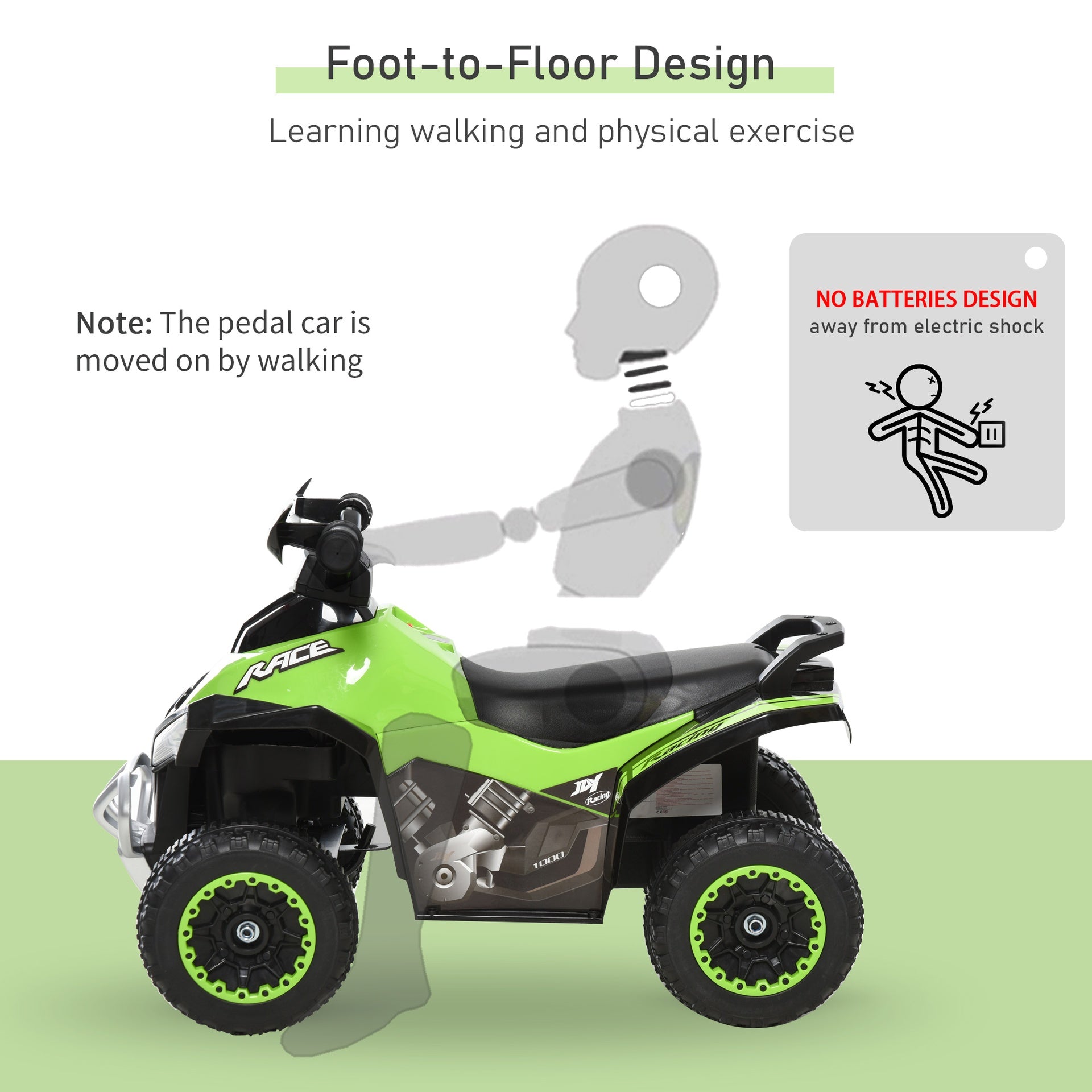 Aosom NO Power Kids Ride On Push Car, w/ Music, Lights for 1.5-3, Green