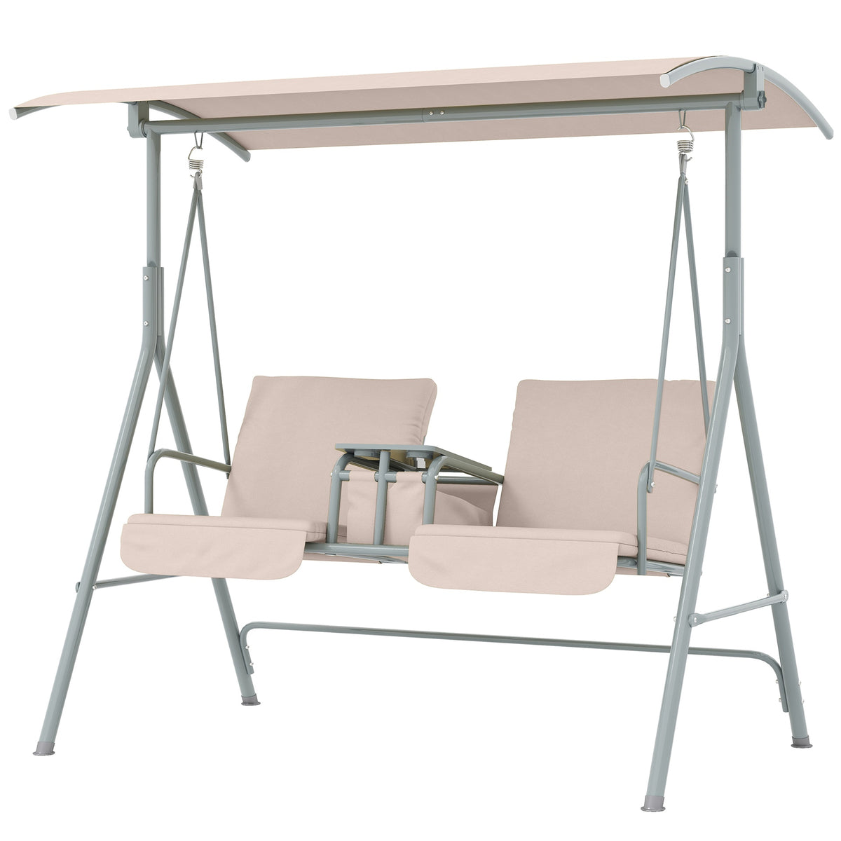 Outsunny 2-Seater Outdoor Porch Swing with Canopy and Table, Patio Swing Chair for Garden, Poolside, Backyard, Beige