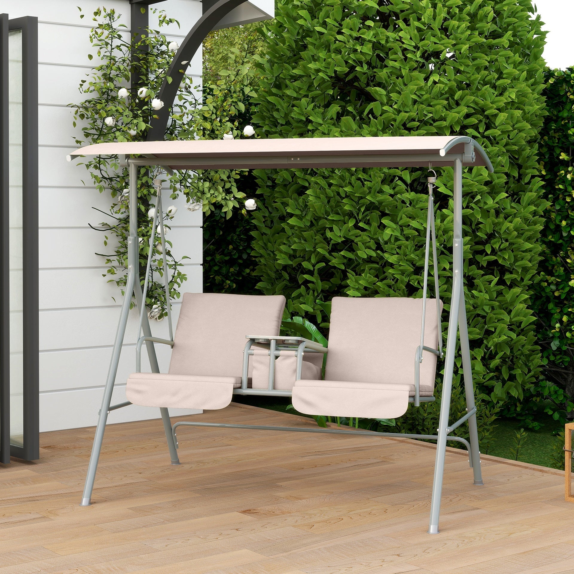 Outsunny 2-Seater Outdoor Porch Swing with Canopy and Table, Patio Swing Chair for Garden, Poolside, Backyard, Beige