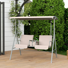 Outsunny 2-Seater Outdoor Porch Swing with Canopy and Table, Patio Swing Chair for Garden, Poolside, Backyard, Beige