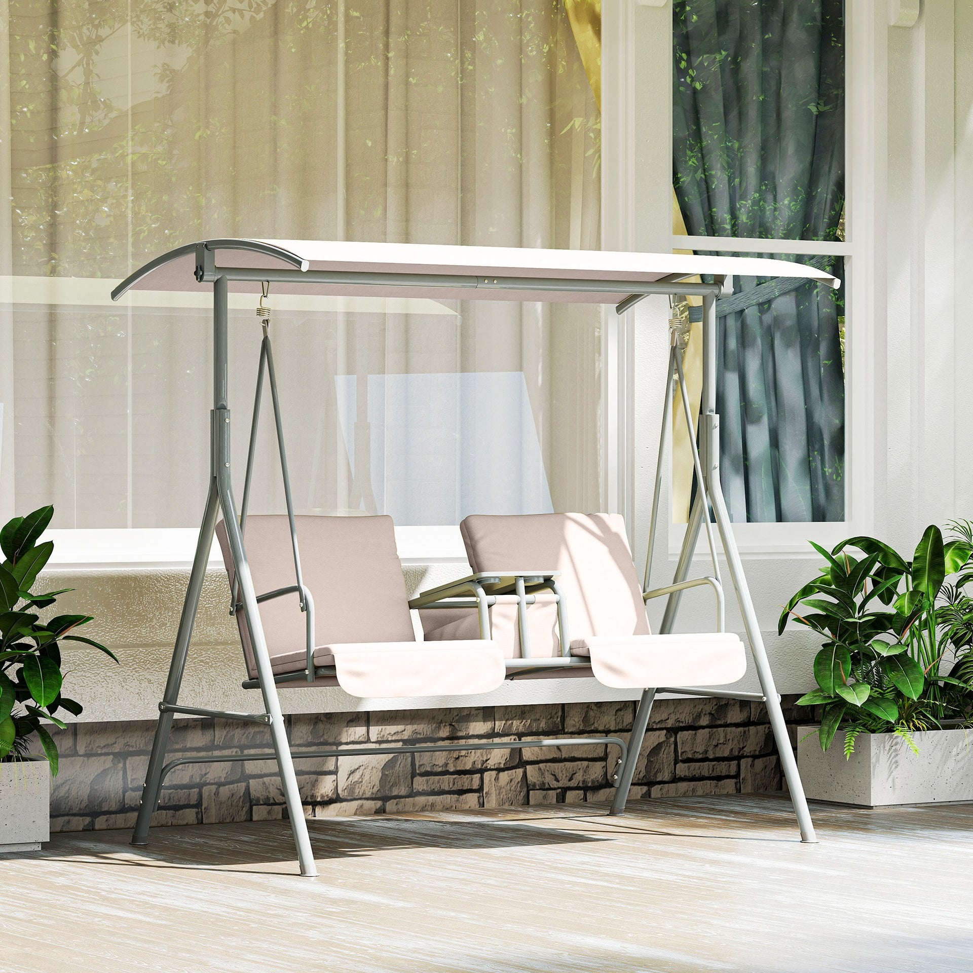 Outsunny 2-Seater Outdoor Porch Swing with Canopy and Table, Patio Swing Chair for Garden, Poolside, Backyard, Beige