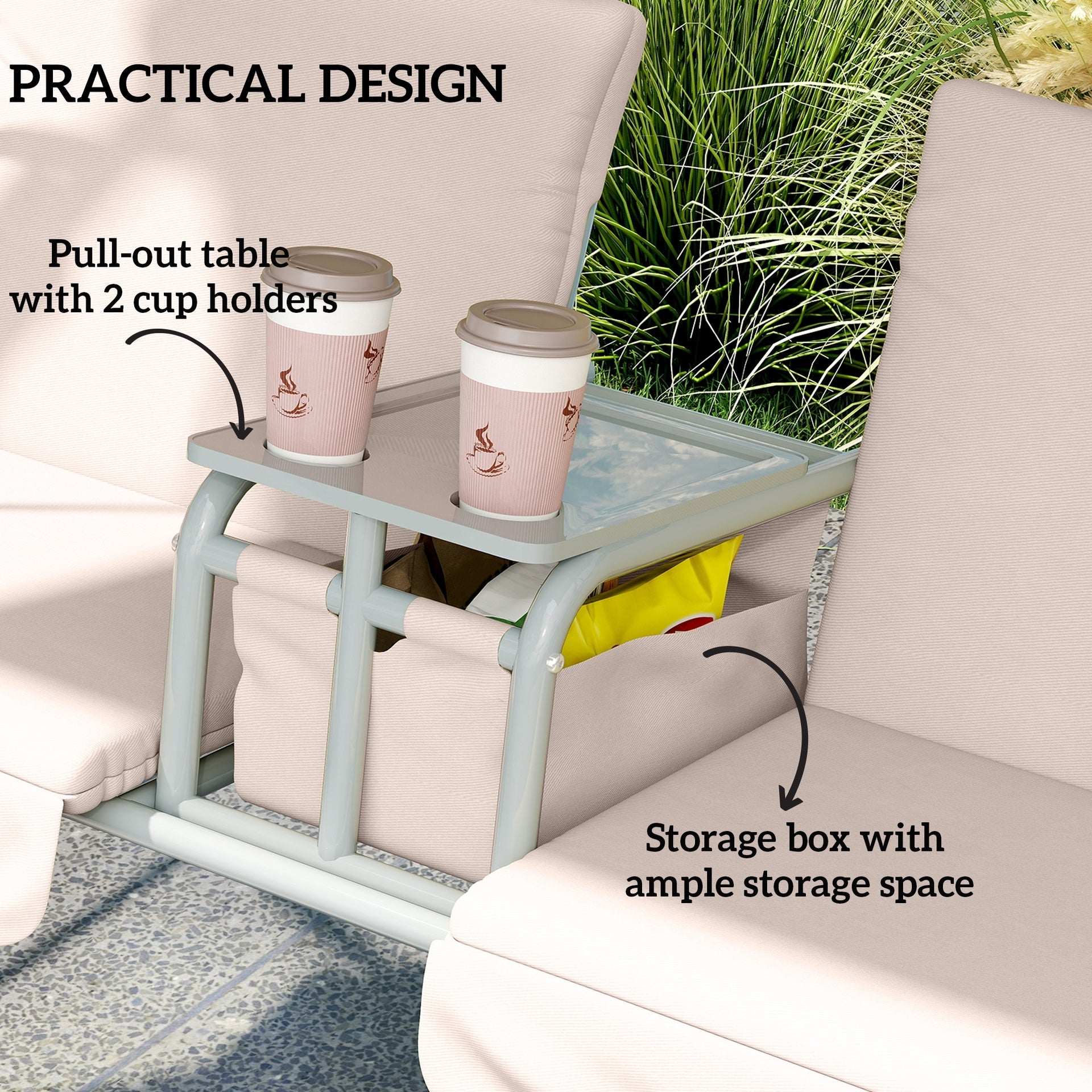 Outsunny 2-Seater Outdoor Porch Swing with Canopy and Table, Patio Swing Chair for Garden, Poolside, Backyard, Beige