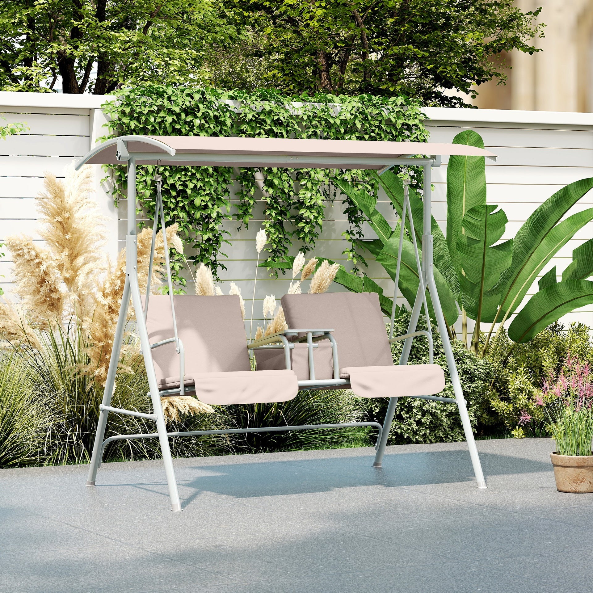Outsunny 2-Seater Outdoor Porch Swing with Canopy and Table, Patio Swing Chair for Garden, Poolside, Backyard, Beige