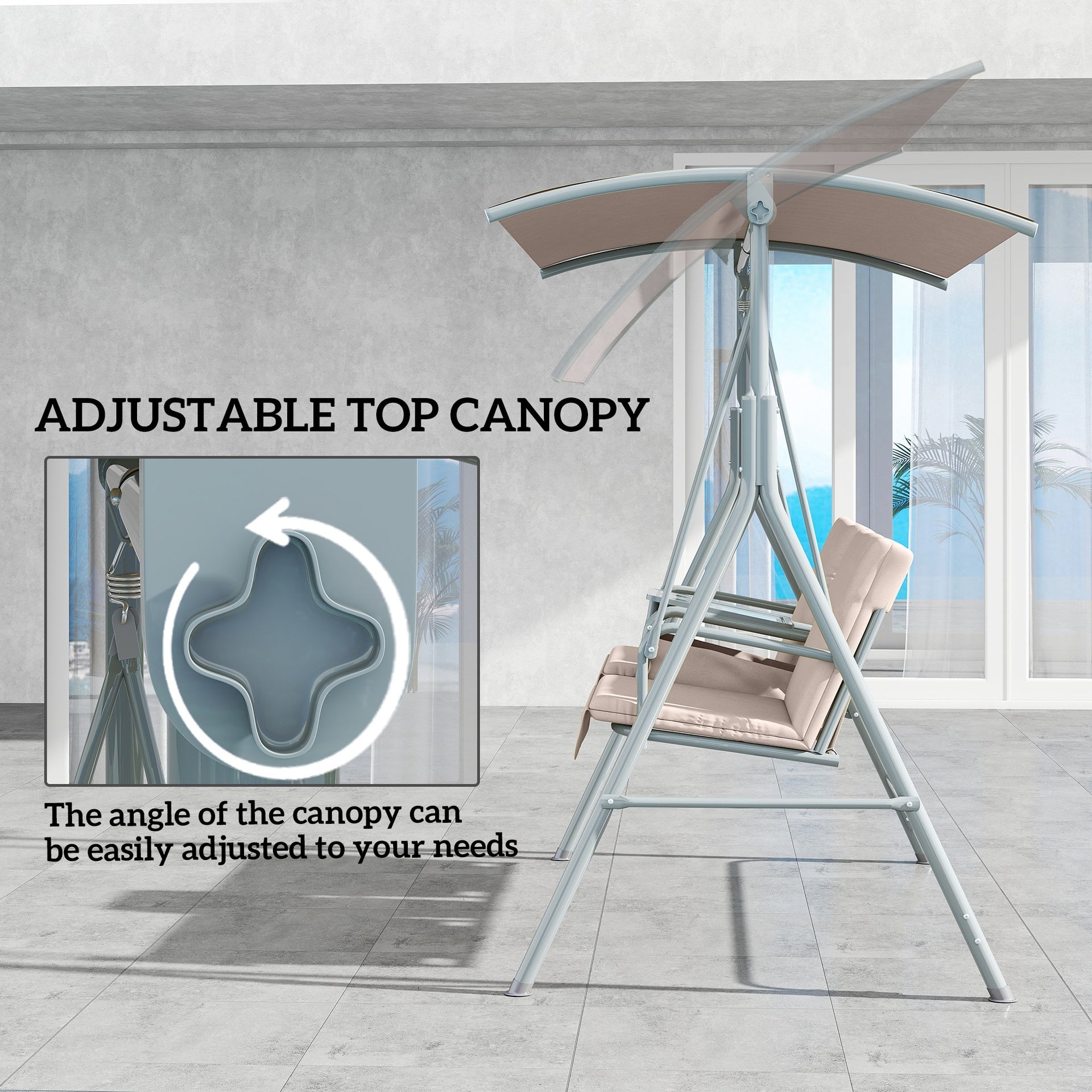 Outsunny 2-Seater Outdoor Porch Swing with Canopy and Table, Patio Swing Chair for Garden, Poolside, Backyard, Beige