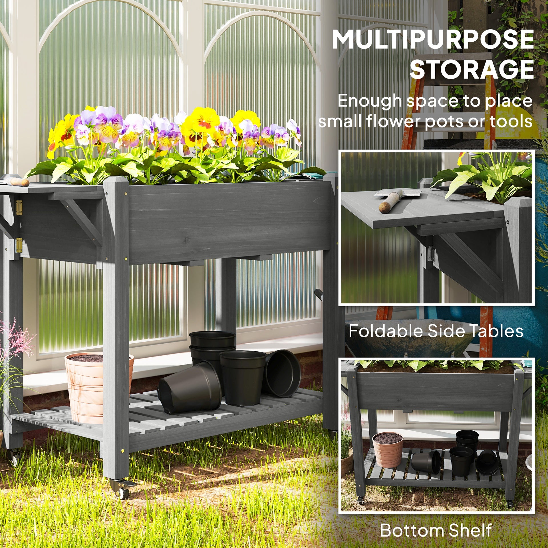Outsunny Wood Raised Planter Box, Elevated Garden Bed with Lockable Wheels, Side Tables, Bottom Shelf, Drain Holes, Gray