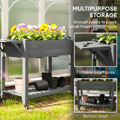 Outsunny Wood Raised Planter Box, Elevated Garden Bed with Lockable Wheels, Side Tables, Bottom Shelf, Drain Holes, Gray