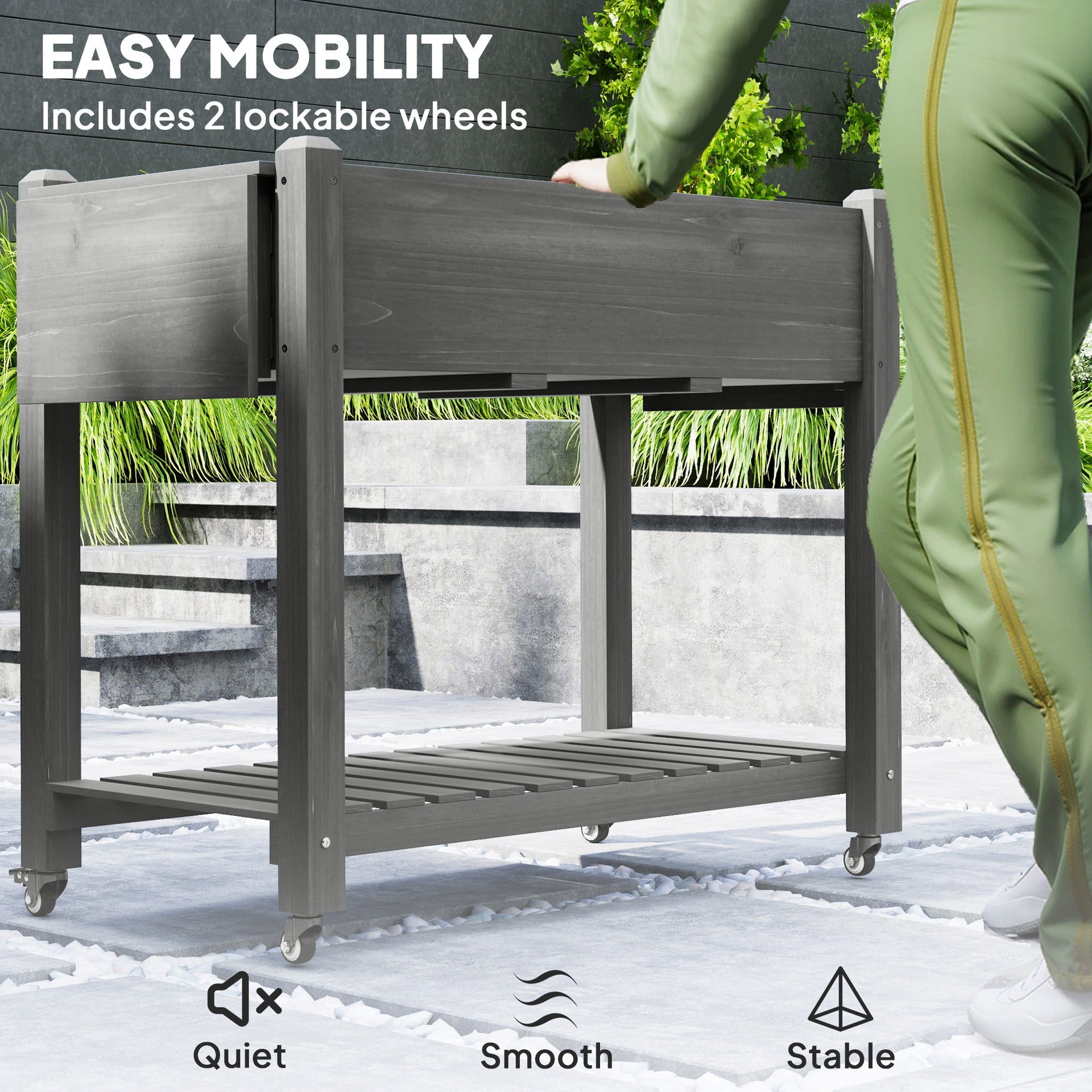 Outsunny Wood Raised Planter Box, Elevated Garden Bed with Lockable Wheels, Side Tables, Bottom Shelf, Drain Holes, Gray