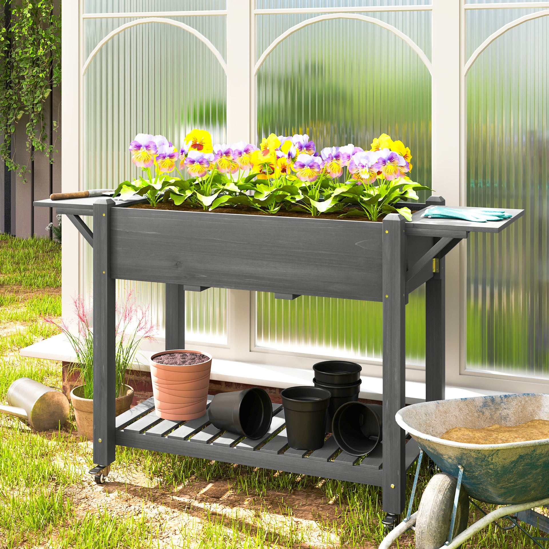 Outsunny Wood Raised Planter Box, Elevated Garden Bed with Lockable Wheels, Side Tables, Bottom Shelf, Drain Holes, Gray