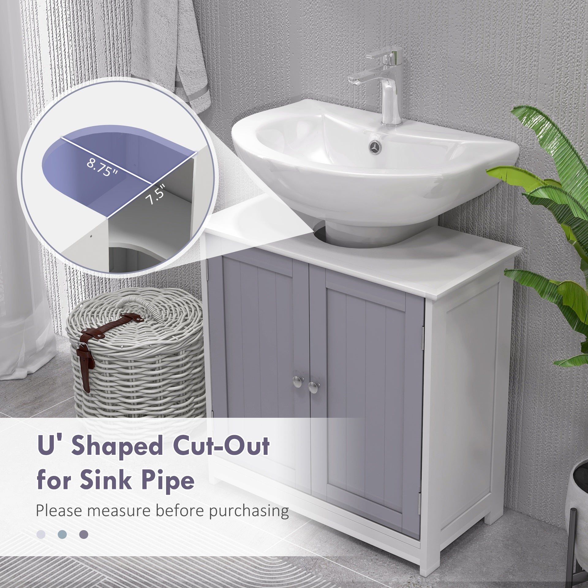 kleankin Bathroom Vanities, Bathroom Sink Cabinets with U-Shape Cut-Out and Adjustable Internal Shelf, White and Gray