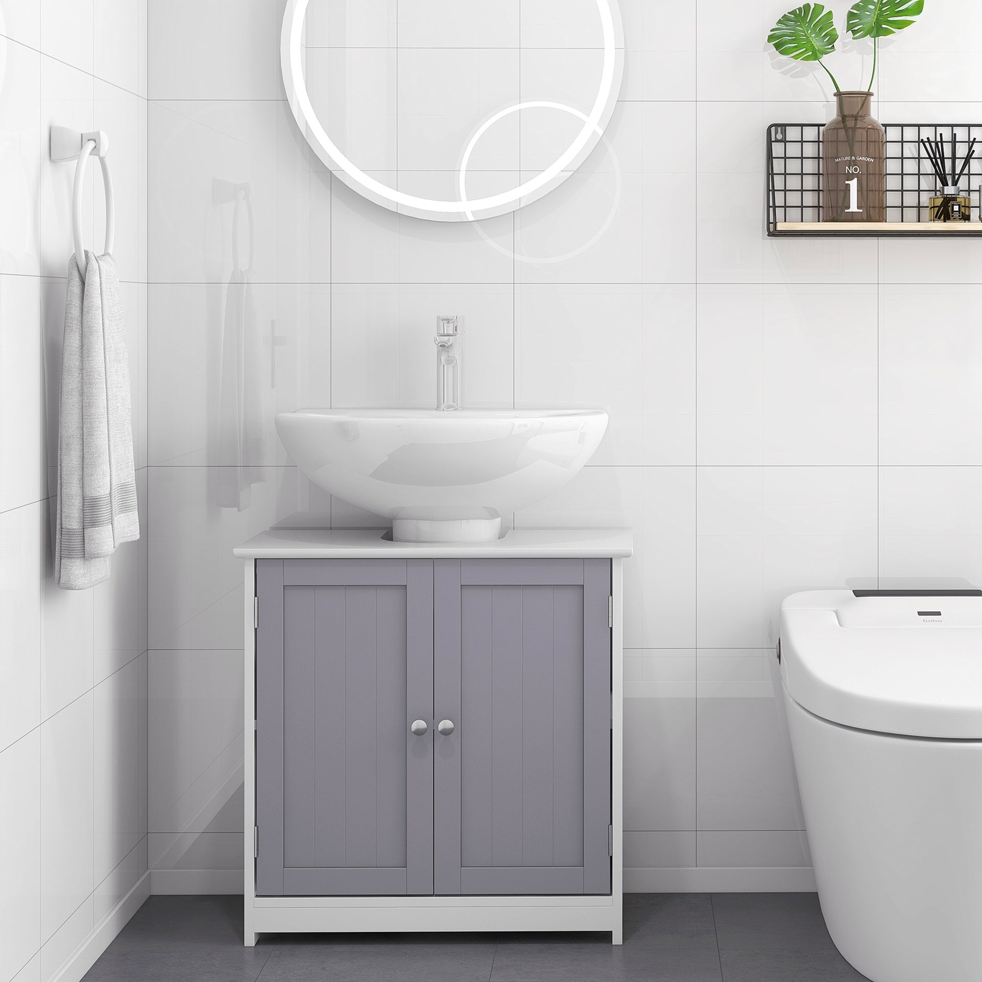 kleankin Bathroom Vanities, Bathroom Sink Cabinets with U-Shape Cut-Out and Adjustable Internal Shelf, White and Gray