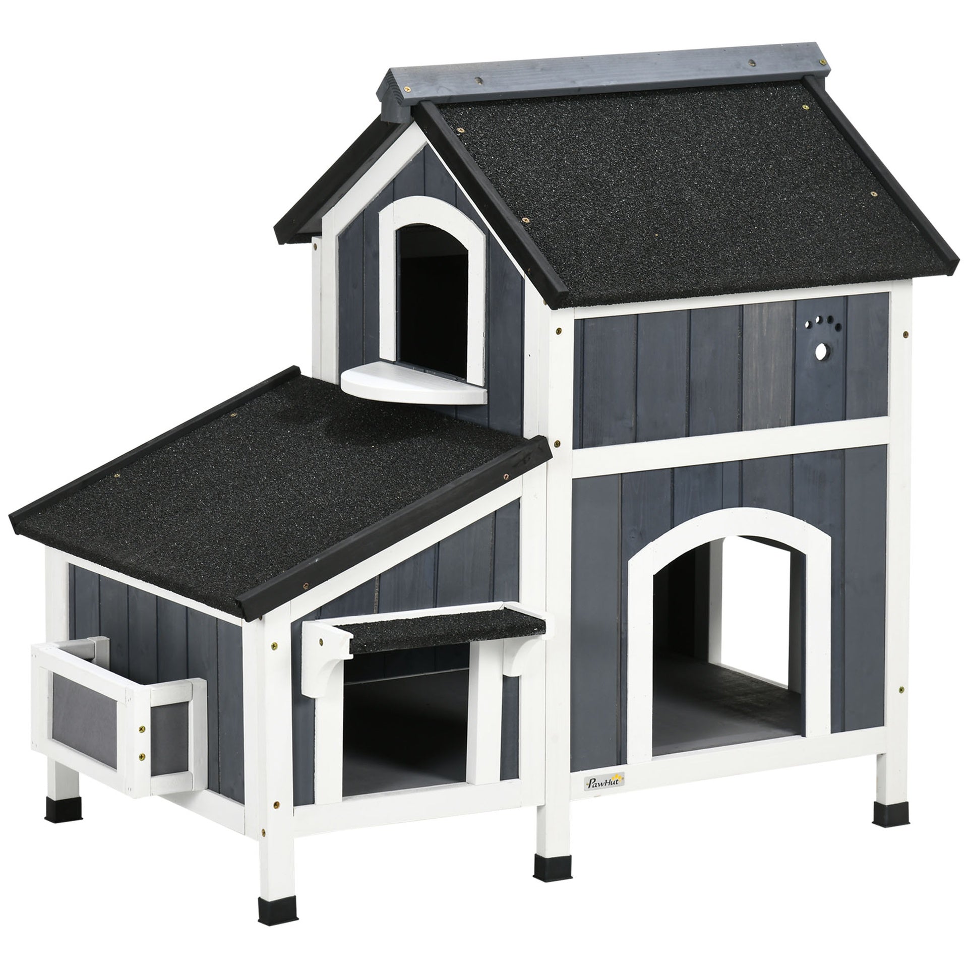 PawHut Outdoor Cat House with Weather-resistant Roof & Garden Bed, Outdoor Cat Shelter Enclosure with Multiple Entrances, Modern Cat Furniture Hideout, Cat Gifts, Gray