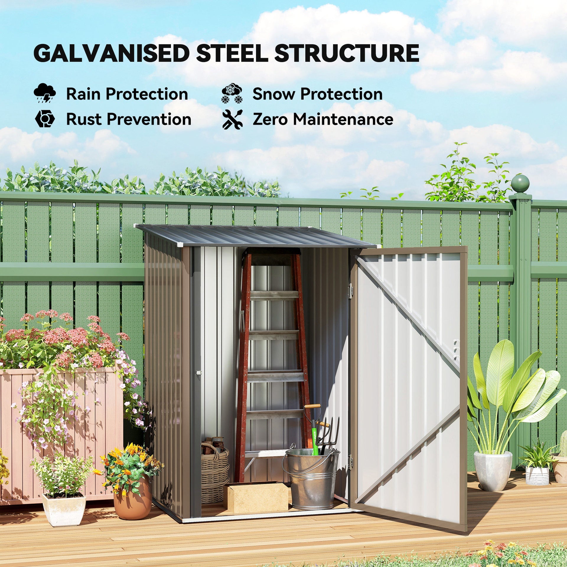 Outsunny Outdoor 3.3' x 3.4' Lean-to Garden Storage Shed, Galvanized Steel Tool House with Lockable Door for Patio, Brown