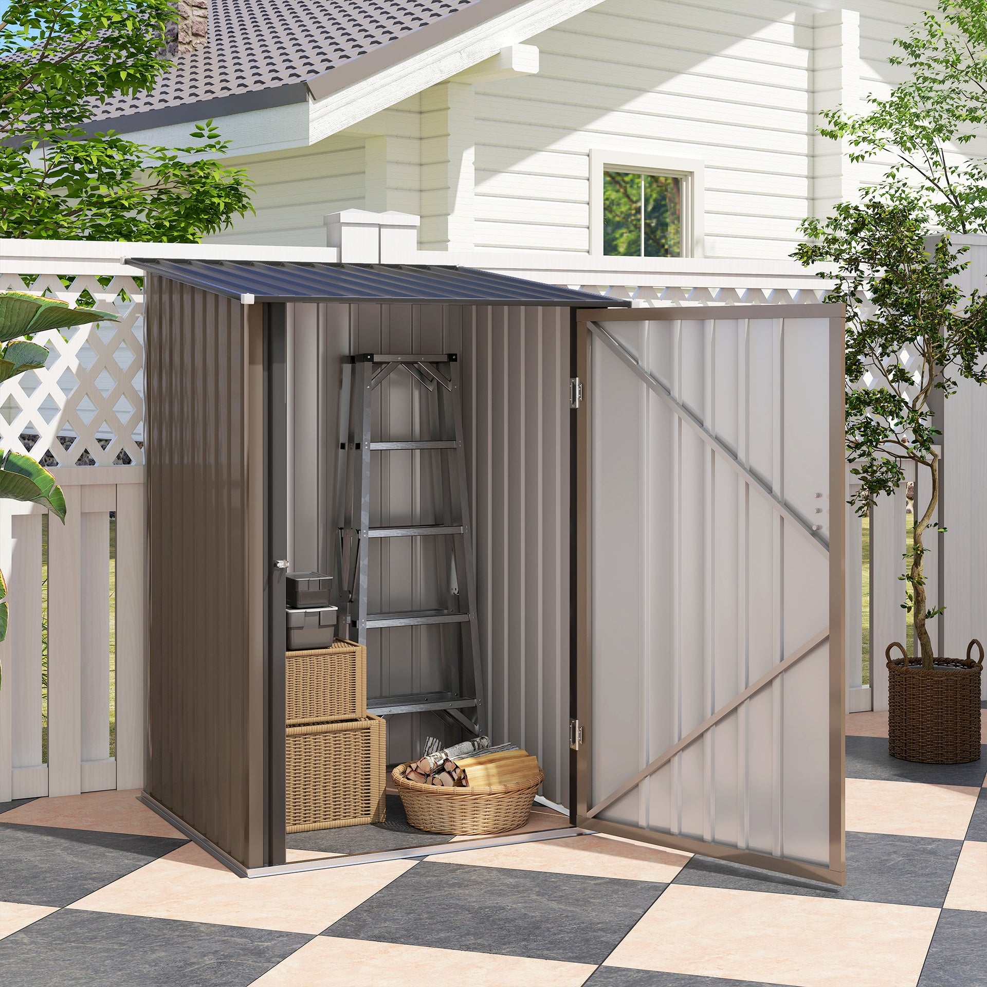 Outsunny Outdoor 3.3' x 3.4' Lean-to Garden Storage Shed, Galvanized Steel Tool House with Lockable Door for Patio, Brown