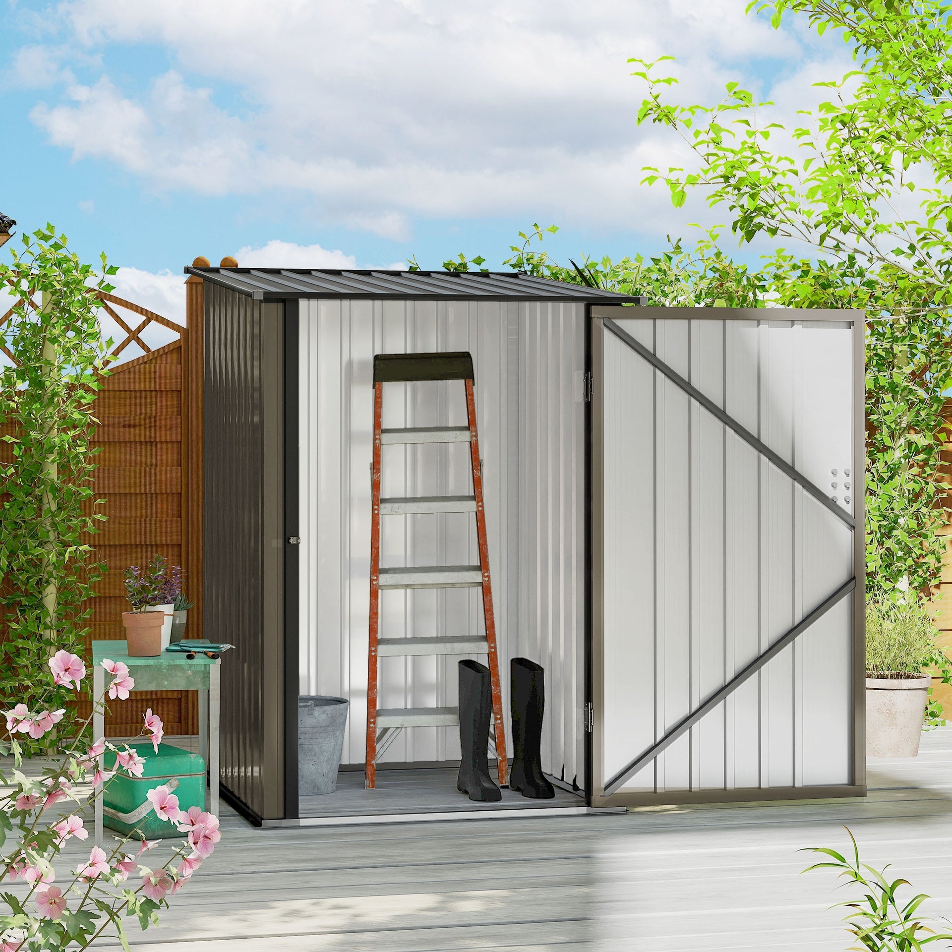 Outsunny Outdoor 3.3' x 3.4' Lean-to Garden Storage Shed, Galvanized Steel Tool House with Lockable Door for Patio, Brown