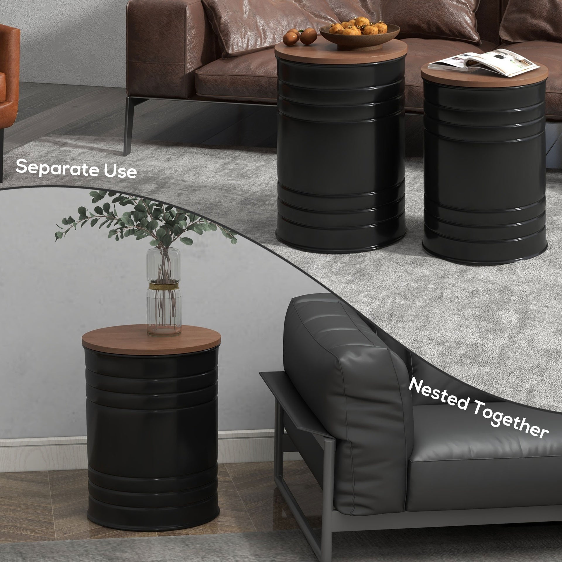 HOMCOM Round Storage Ottoman Set of 2, Nesting Ottomans with Wooden Lid, Metal Frame and Hidden Storage Space for Bedroom