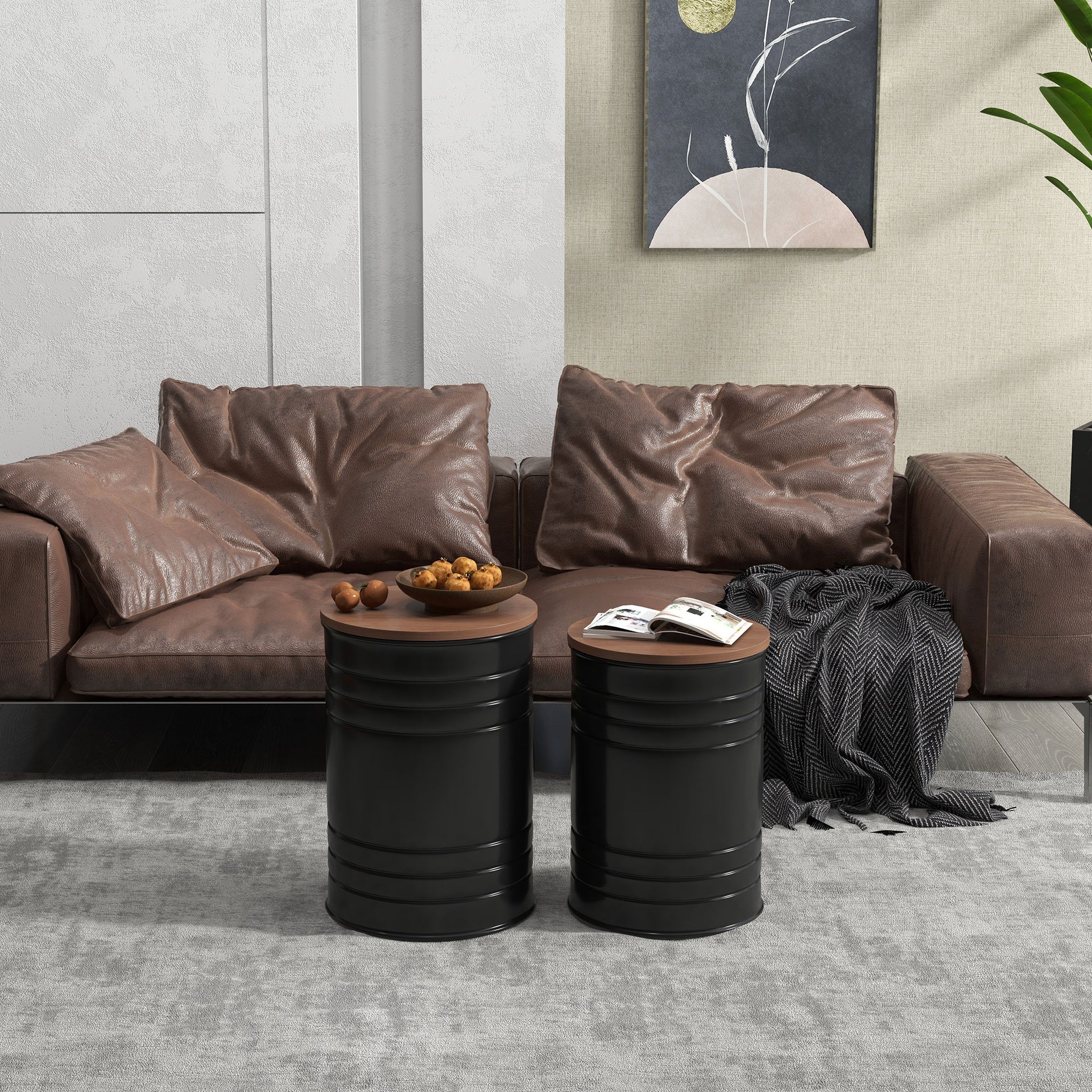HOMCOM Round Storage Ottoman Set of 2, Nesting Ottomans with Wooden Lid, Metal Frame and Hidden Storage Space for Bedroom