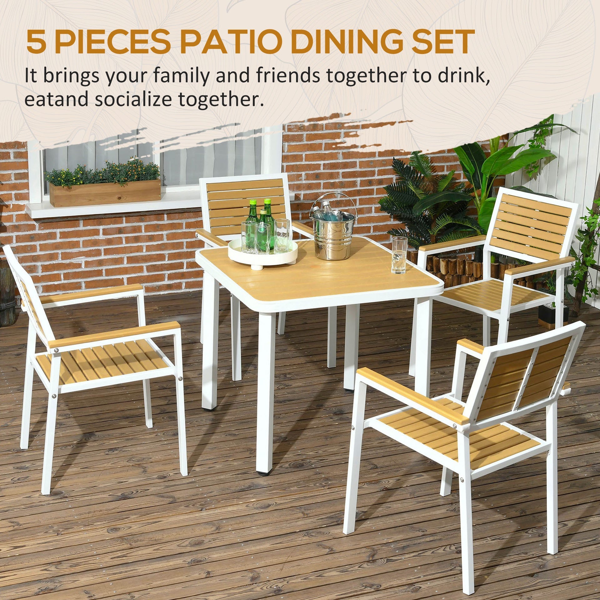 Outsunny 5pc Patio Table and Chairs Set, Aluminum Patio Dining Set w/ HDPE Materials, Umbrella Hole, Yellow