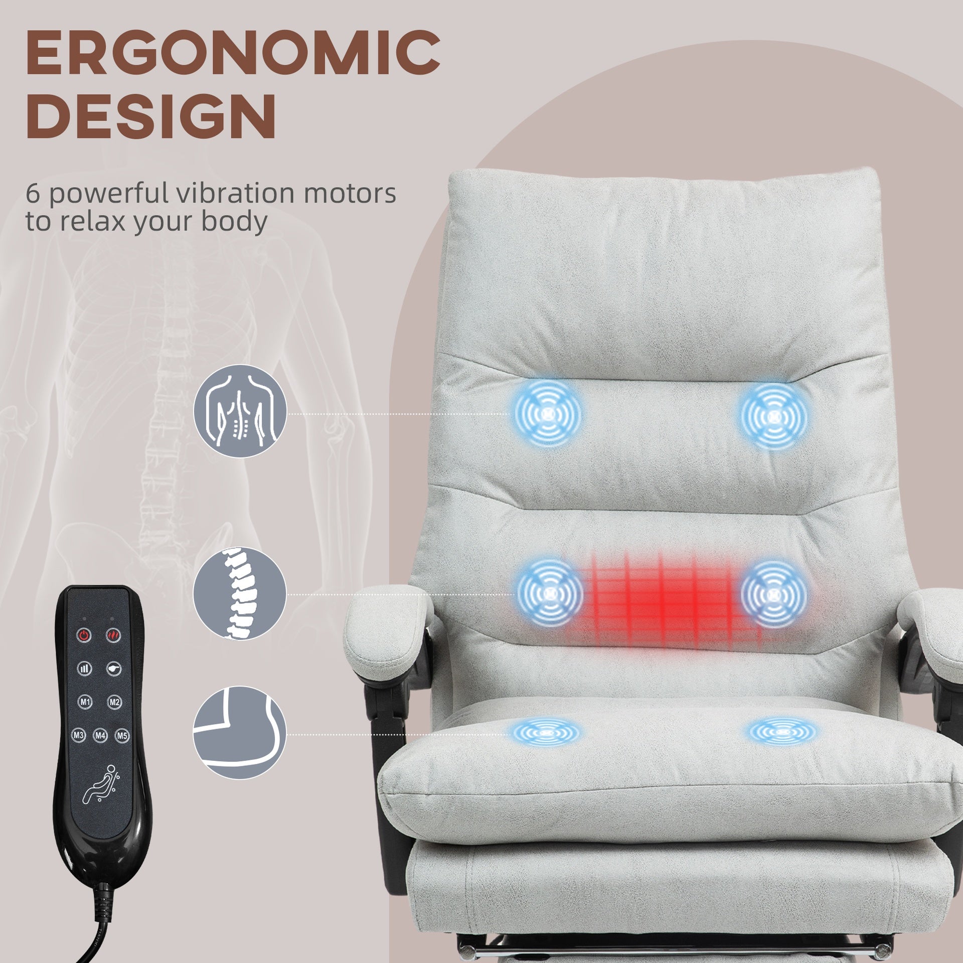 Vinsetto Microfibre Massage Office Chair, Heated Reclining Chair with Footrest, Double-tier Padding, Swivel Wheels, Light Gray