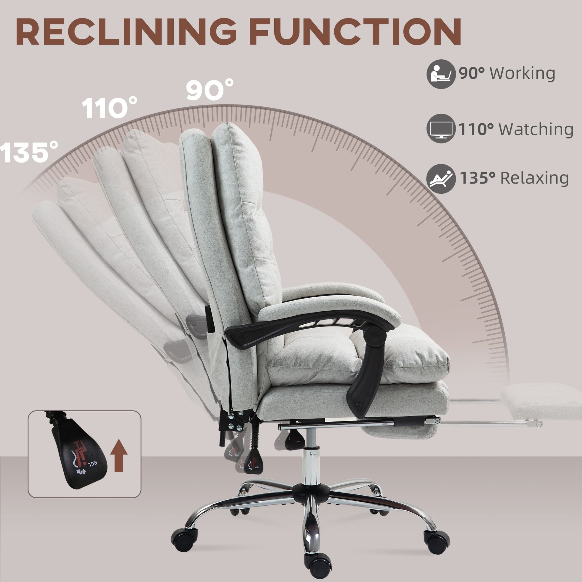 Vinsetto Microfibre Massage Office Chair, Heated Reclining Chair with Footrest, Double-tier Padding, Swivel Wheels, Light Gray