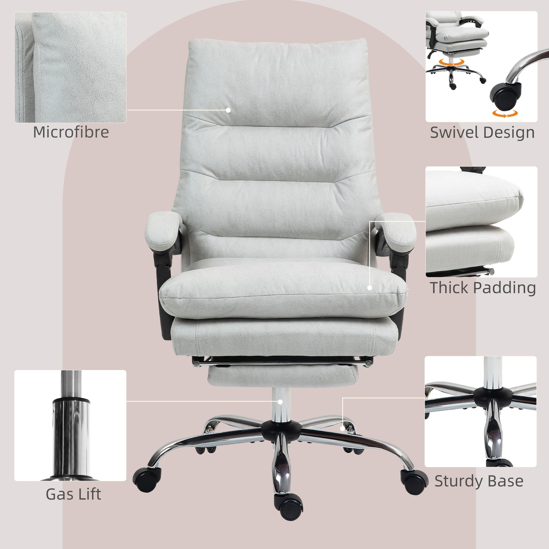 Vinsetto Microfibre Massage Office Chair, Heated Reclining Chair with Footrest, Double-tier Padding, Swivel Wheels, Light Gray