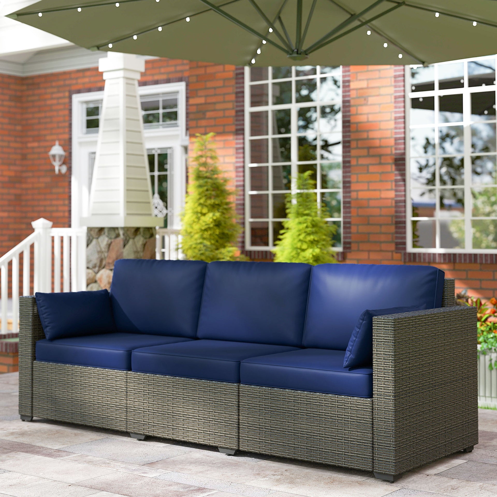 Outsunny Patio Couch PE Wicker Deep Seating Outdoor Sofa with Removable Cushions, 3 Seater Rattan Sofa, Outdoor Furniture for Balcony, Deck, Garden and Poolside, Navy Blue