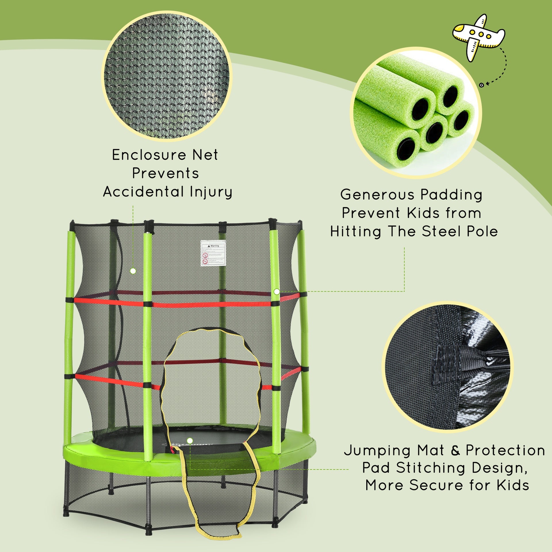 Outsunny Φ5FT Kids Trampoline with Enclosure Net for Age 3 to 6 Years Green
