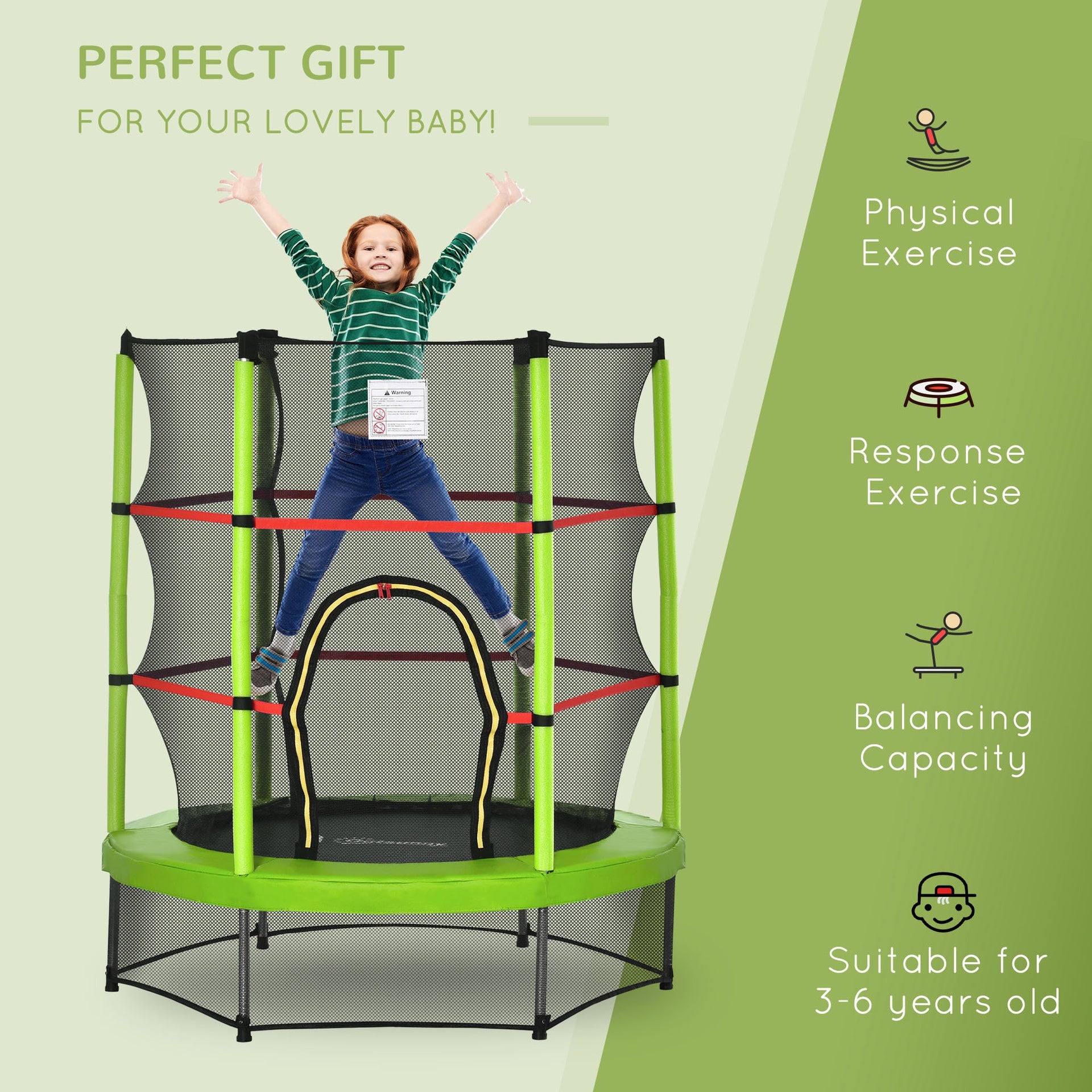 Outsunny Φ5FT Kids Trampoline with Enclosure Net for Age 3 to 6 Years Green